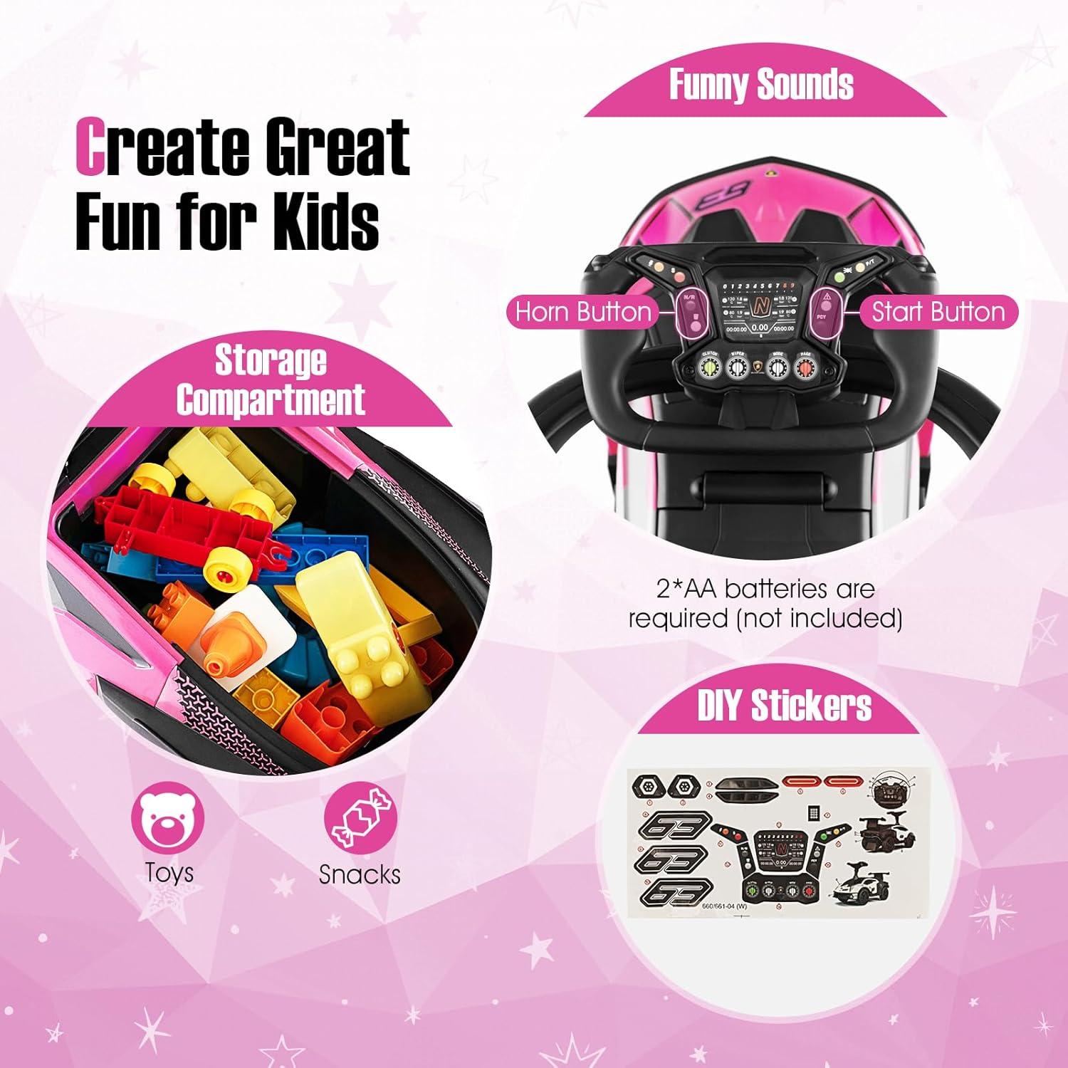 Costway 3-in-1 Licensed Lamborghini Ride on Push Car Stroller Sliding Car w/ Sound Pink