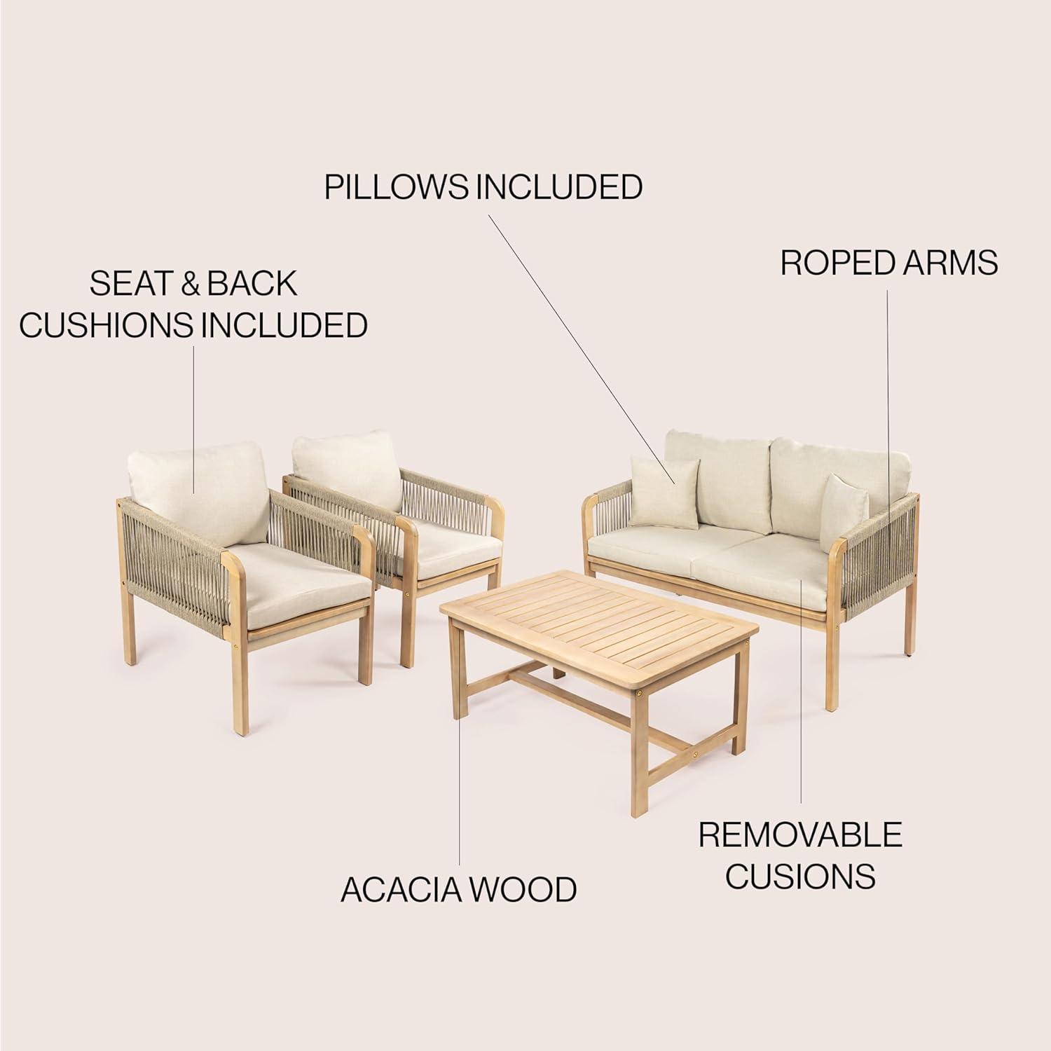 Tavira 4-Piece Modern Bohemian Acacia Wood Outdoor Patio Set with Cushions and Plain Decorative Pillows - JONATHAN Y