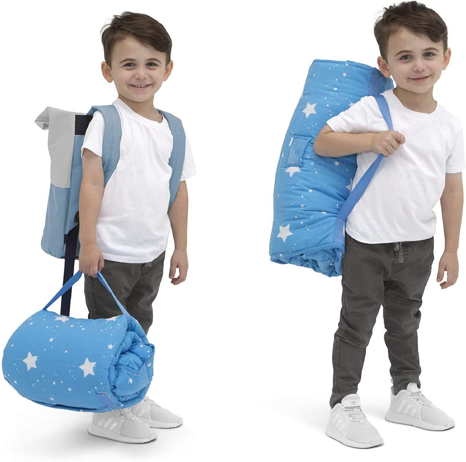Delta Children Nap Mat with Included Pillow and Blanket for Toddlers and Kids | Features Carry Handle with Strap Closure | Rollup Design | Ideal for Preschool and Daycare, Deep Space