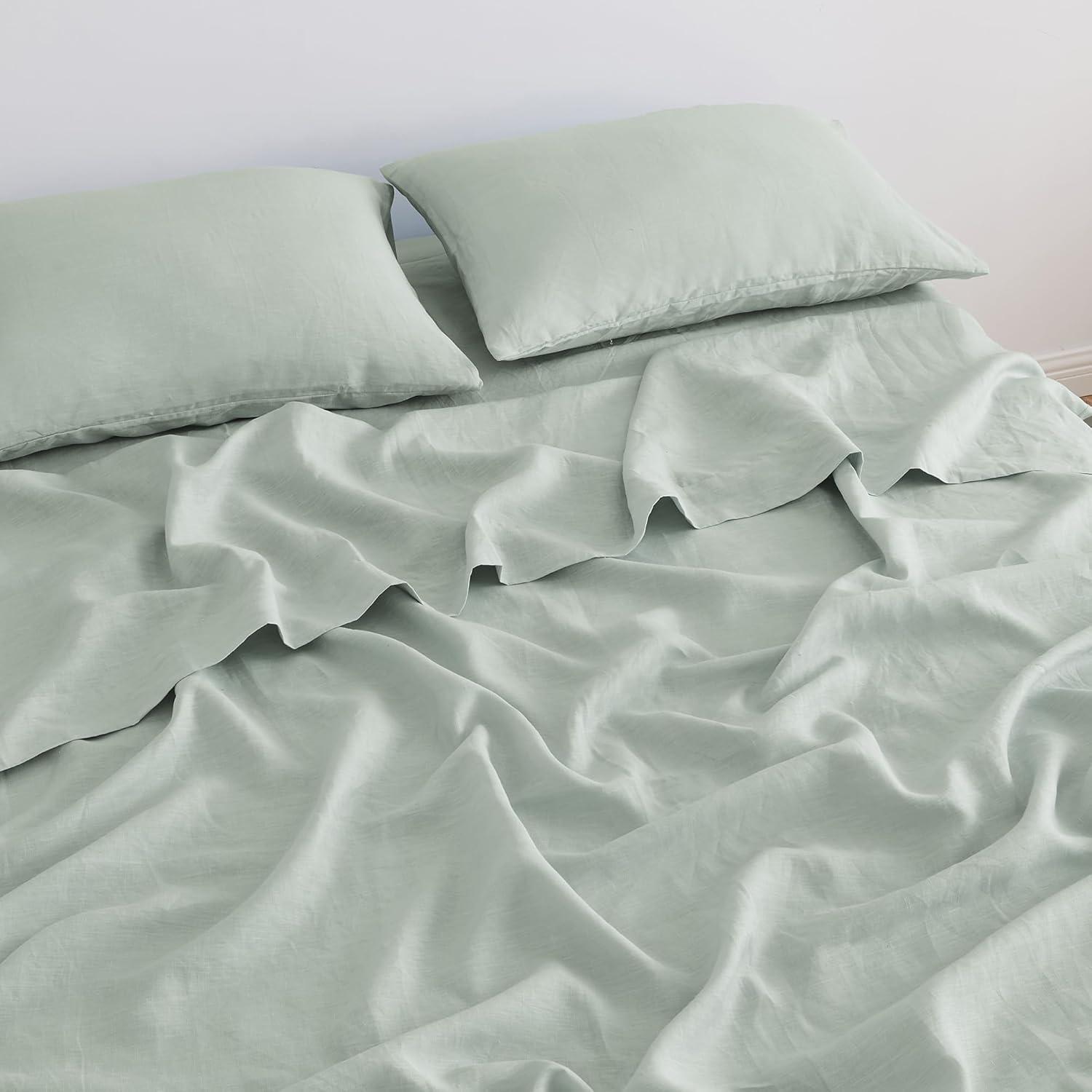 Great Bay Home 100% European Flax Linen Bed Sheet Set, Lightweight, Breathable, 4 Piece Sheet Set (Moss, King)