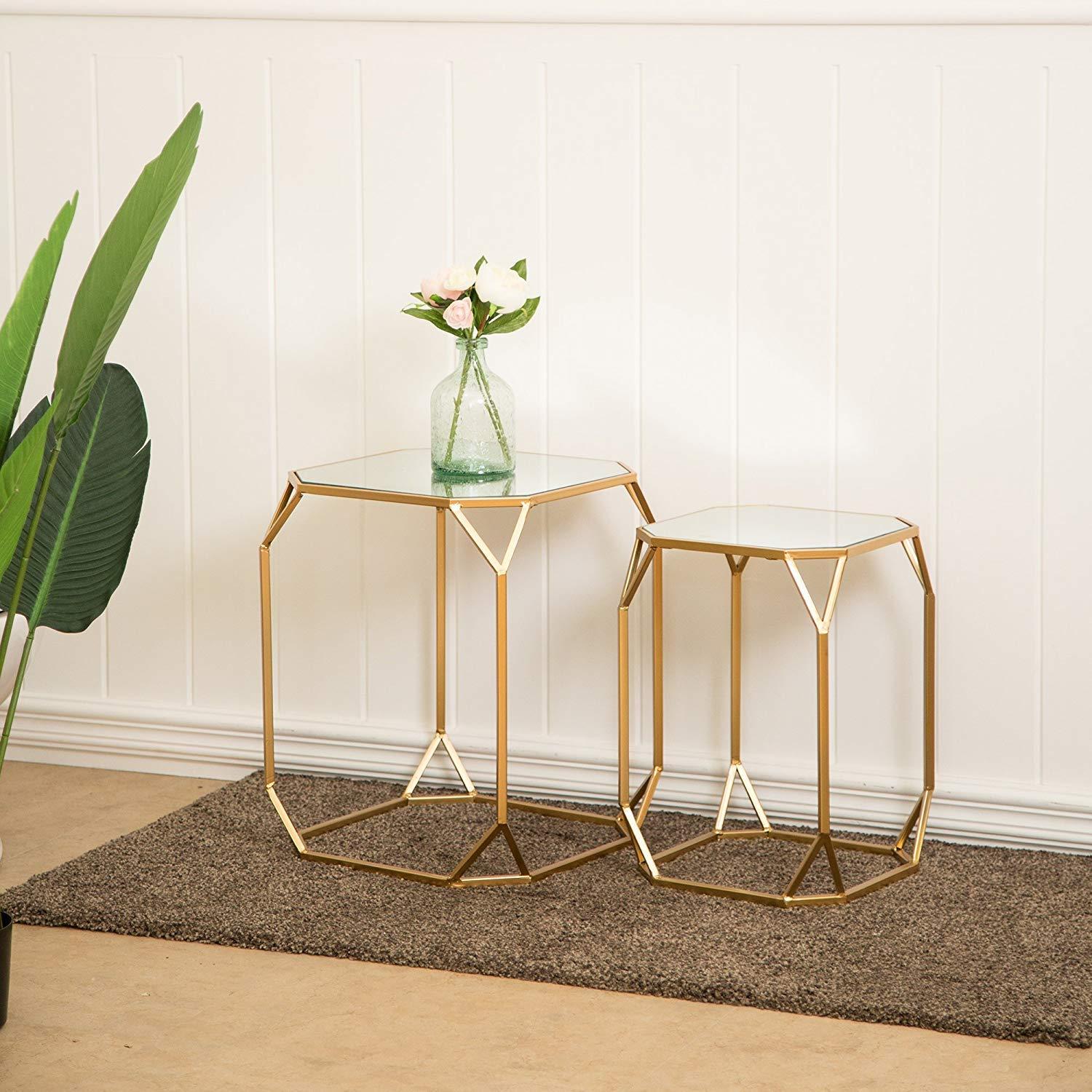 Glitzhome Set of 2 Glam Glass Modern Side Table Sofa Table Octagon-Gold Octagon