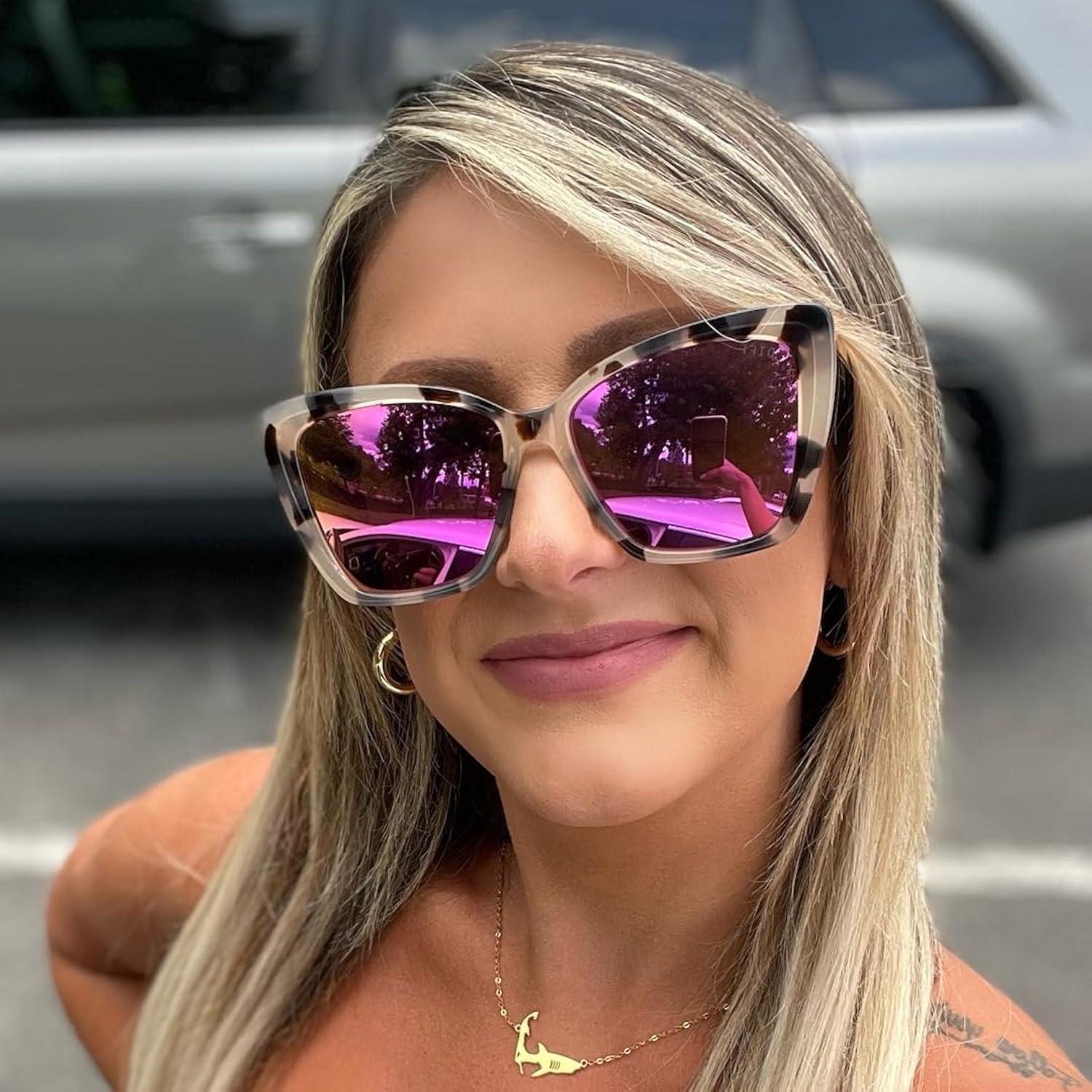 Oversized Cat Eye Cream Tortoise Sunglasses with Pink Mirrored Lenses