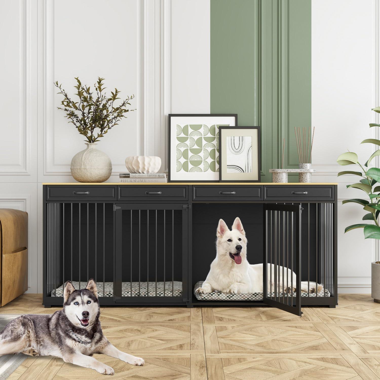 Famapy Spacious Large Double Dog Cage Furniture with Multiple Drawers Black