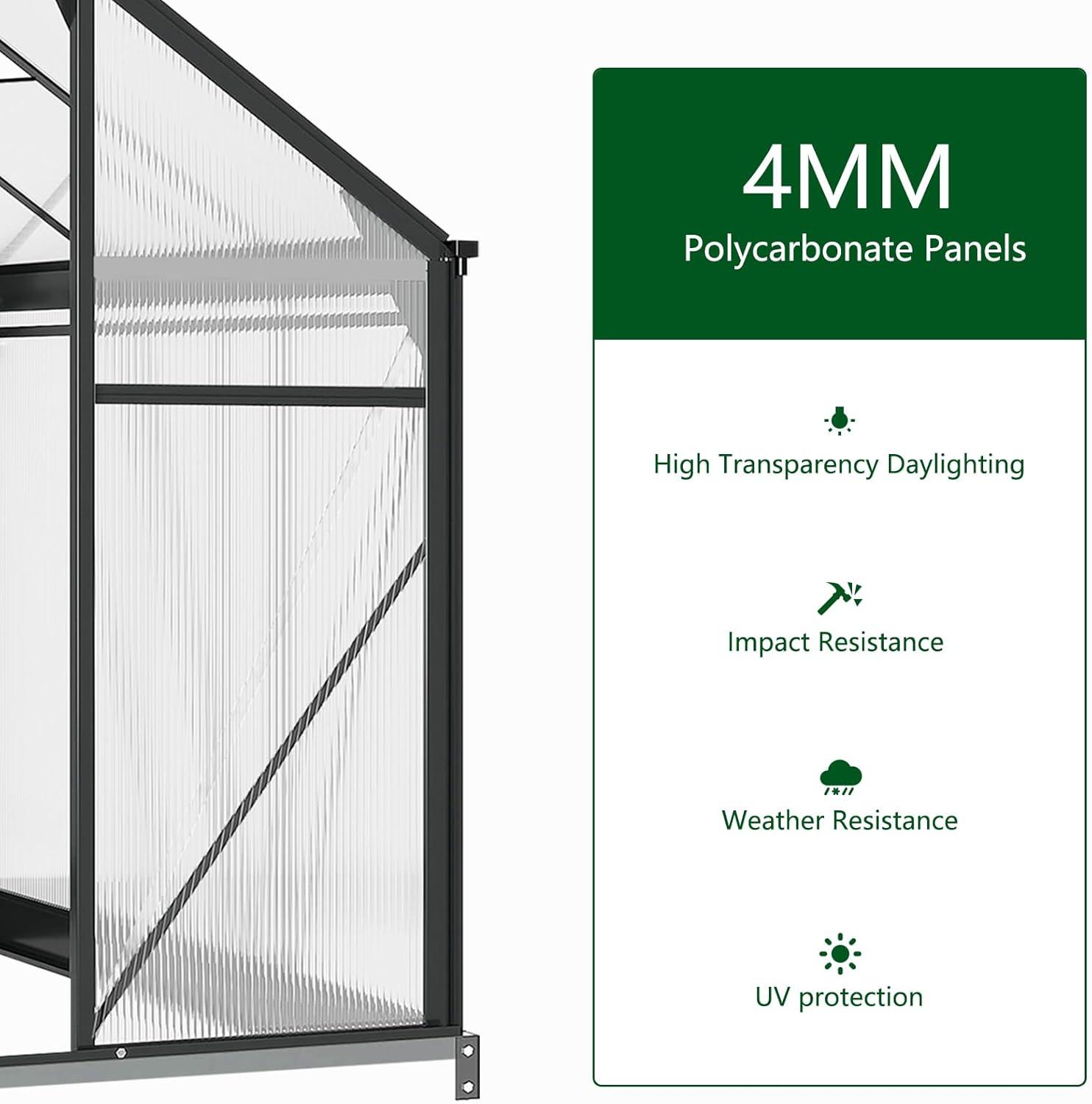 6 x 8 FT Black Aluminum Polycarbonate Greenhouse with Roof Vent