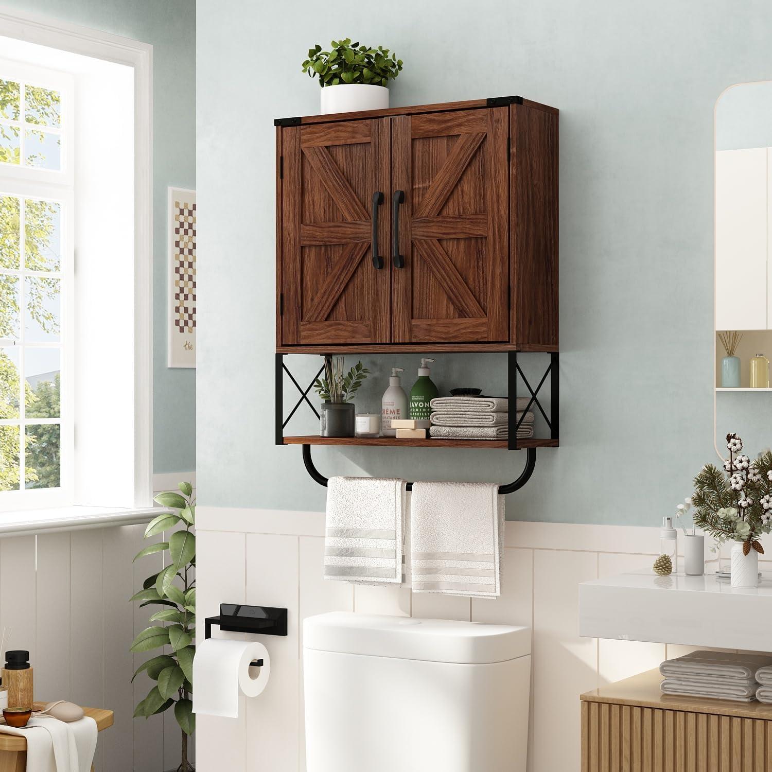 Farmhouse Rustic Medicine Cabinet With Two Barn Door,Wood Wall Mounted Storage Cabinet With Adjustable Shelf And Towel Bar, 3-Tier Cabinet For Bathroom, Living Room