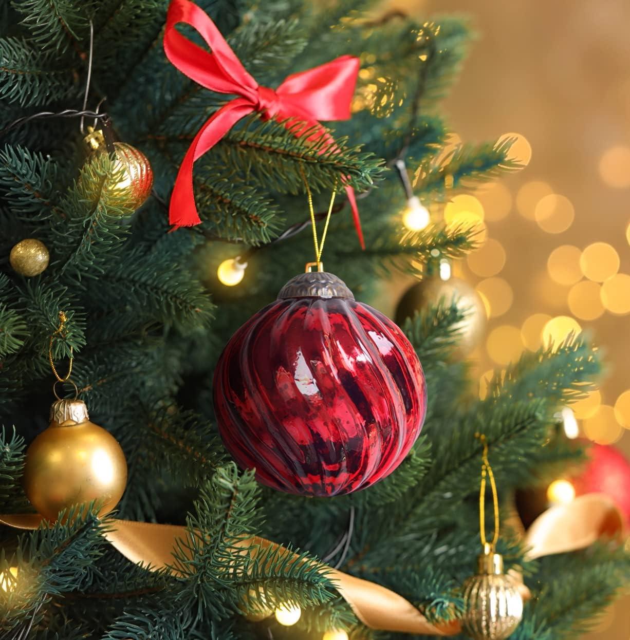 Set of 4 Gold Mercury Glass Ornaments (3.15" Classic Twist Ball) Perfect for Christmas Tree, Hanging Holiday Decoration, Gifts & Home Decor