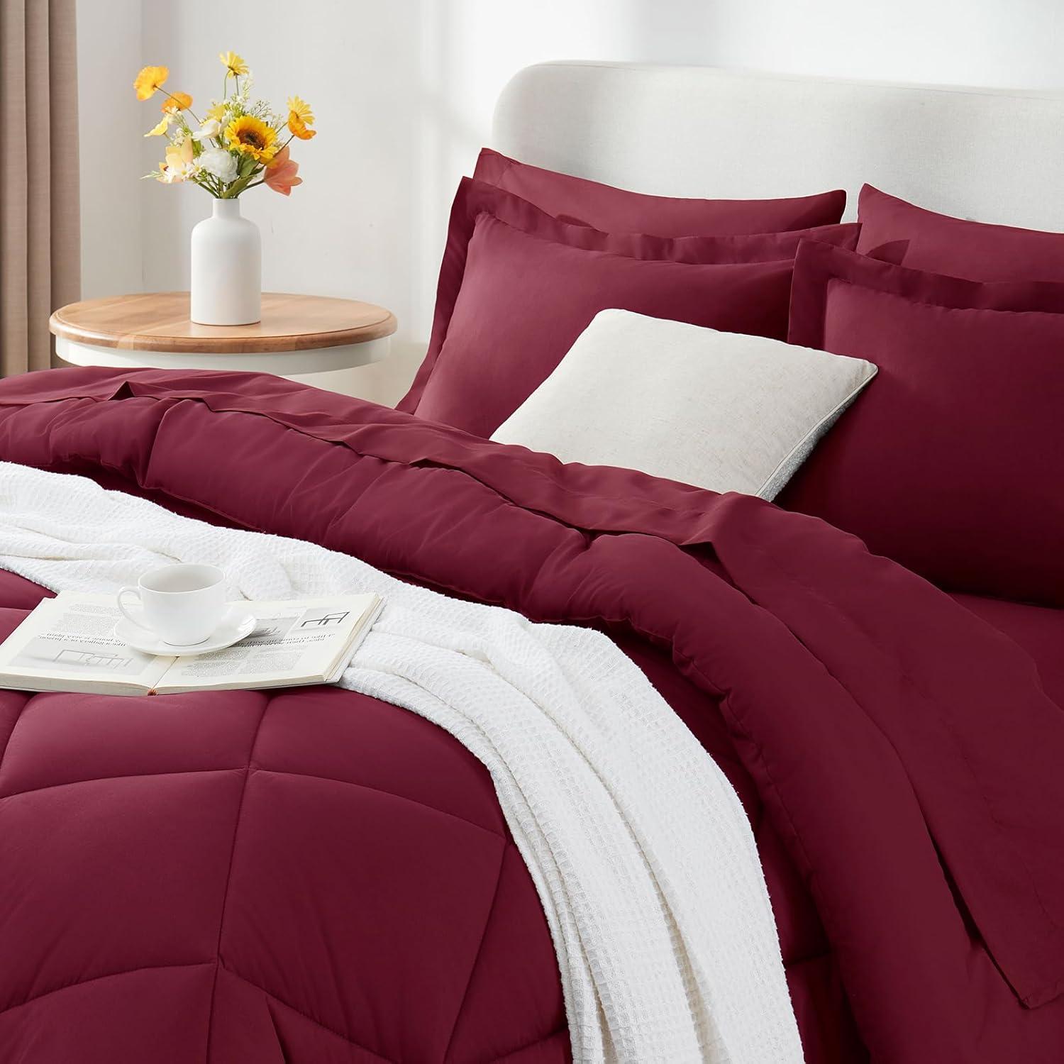 CozyLux Burgundy Comforter Set Queen 7 Pieces Red Comforter Set Queen Bedding Sets Maroon Wine with All Season Quilted Comforter, Flat Sheet, Fitted Sheet, Pillowcases