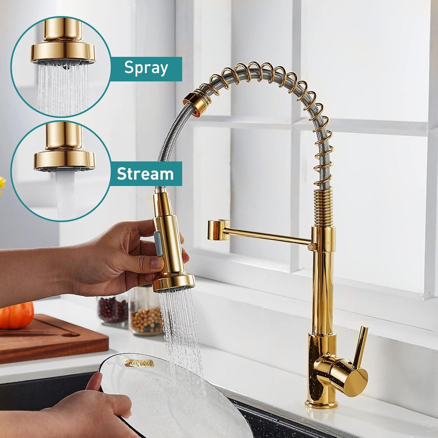 Besdor Kitchen Faucet with Pull Down Sprayer, Spring Single Handle Faucet for Kitchen Sink, Two Function Sprayer, 360-degree Rotation, with Deck Plate, 304 Food Grade Stainless Steel, Brushed Nickel