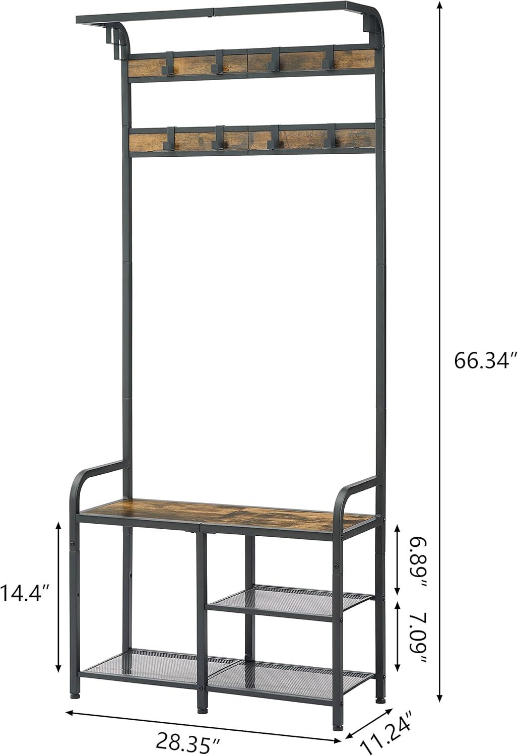 Tajsoon Coat Rack, Hall Tree with Shoe Bench for Entryway, 3-in-1 Shoe Rack Different Heights, Entryway Bench with Coat Rack, Metal, Rustic Brown and Black