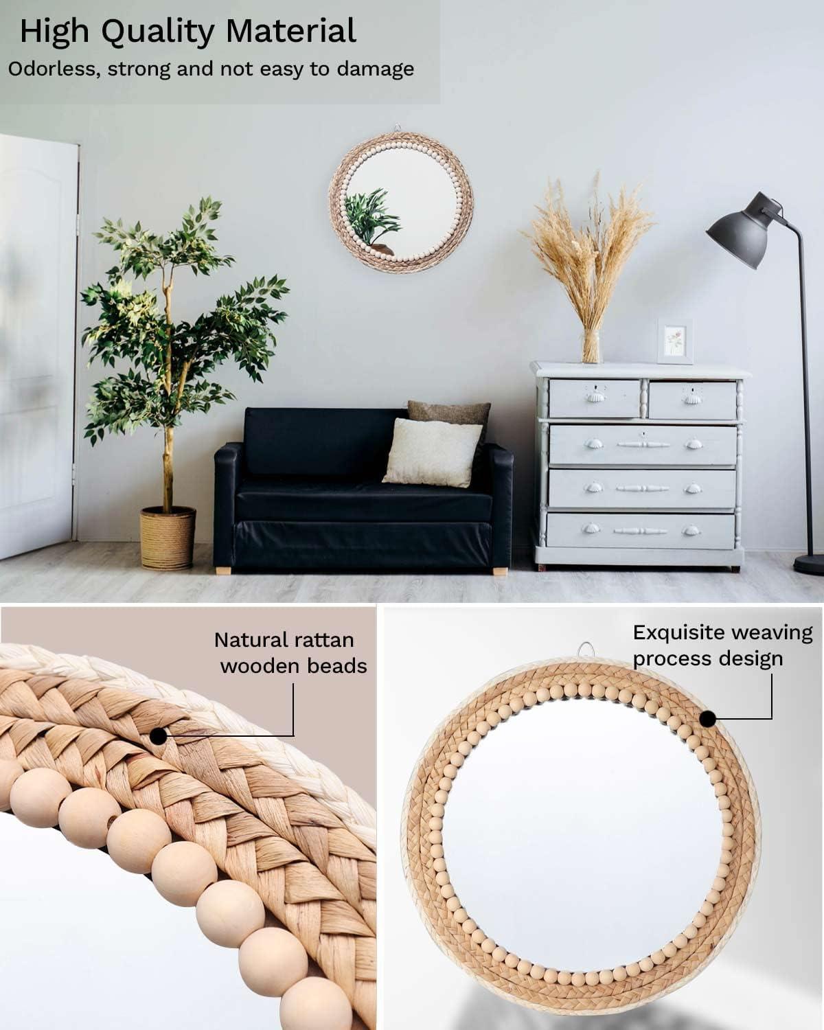 Poeme Boho Wall Mounted Round Mirror - 15 Inch Circle Rattan Decorative Hanging Mirror for Bedroom, Living Room & Bathroom