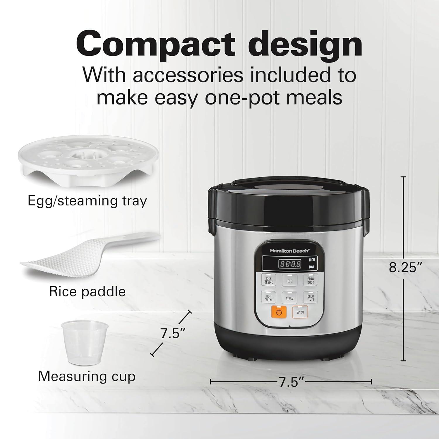 Hamilton Beach Compact Multi Cooker, 1.5 Quart, with Rice Cooker, Egg Cooker, Slow Cooker, Food Steamer and Cereal Functions, 37524