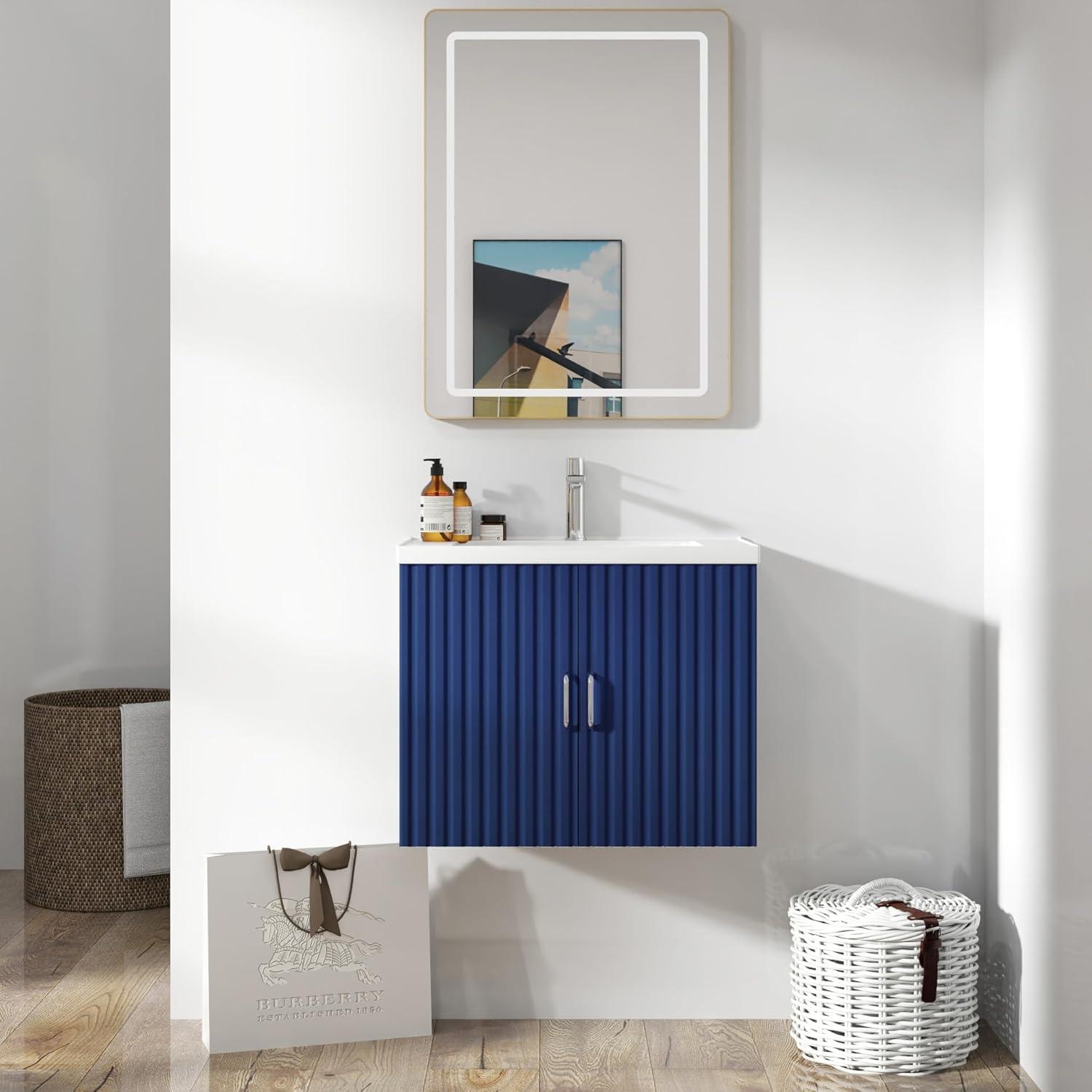 Blue Wall-Mounted Bathroom Vanity with White Resin Sink