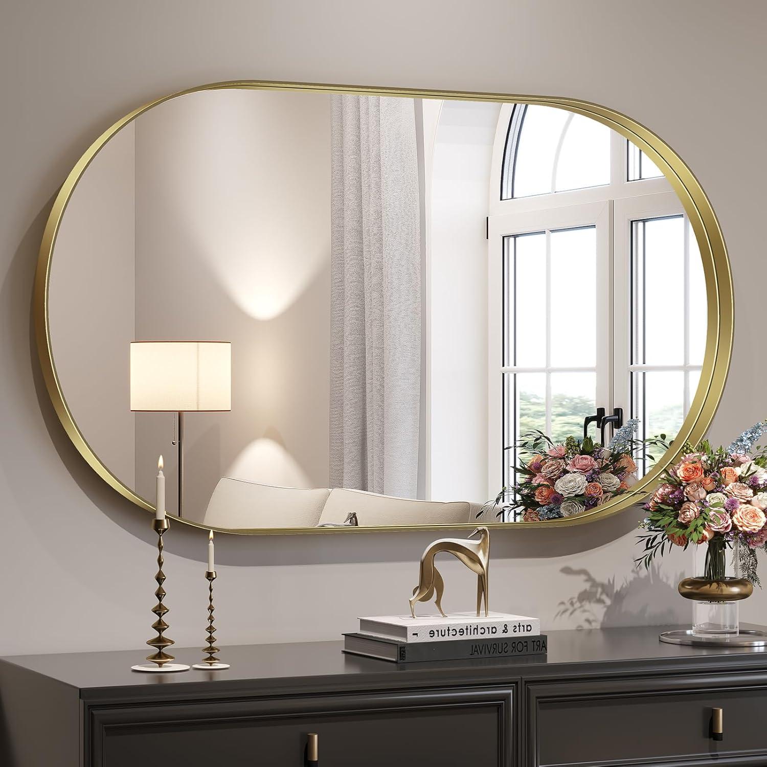 Gold Oval Metal Framed Wall Mirror 30x48 Inch