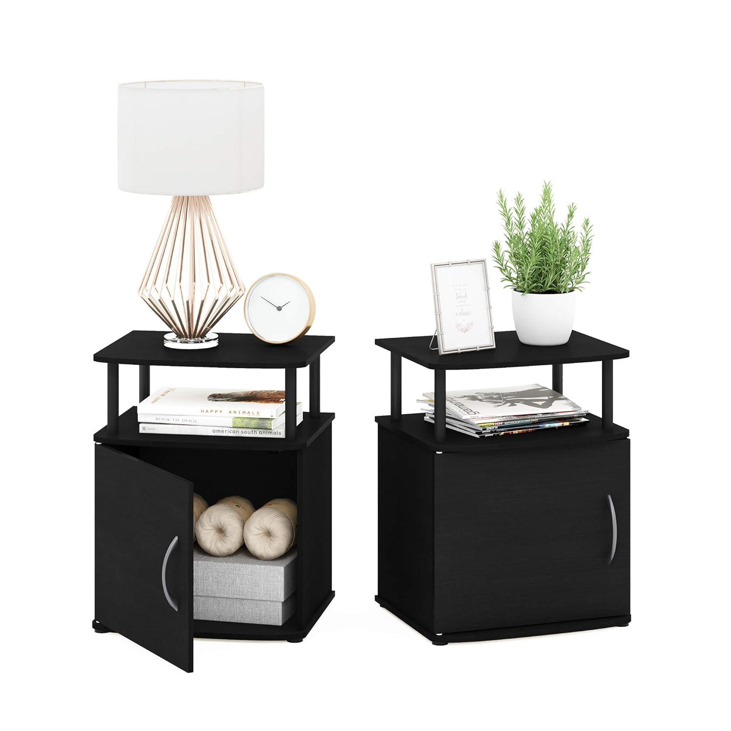 Furinno Set of 2 Modern Utility End Table Space-Saving Bedside Table Nightstand W/1 Storage Cabinet&Open Storage Shelf,Black