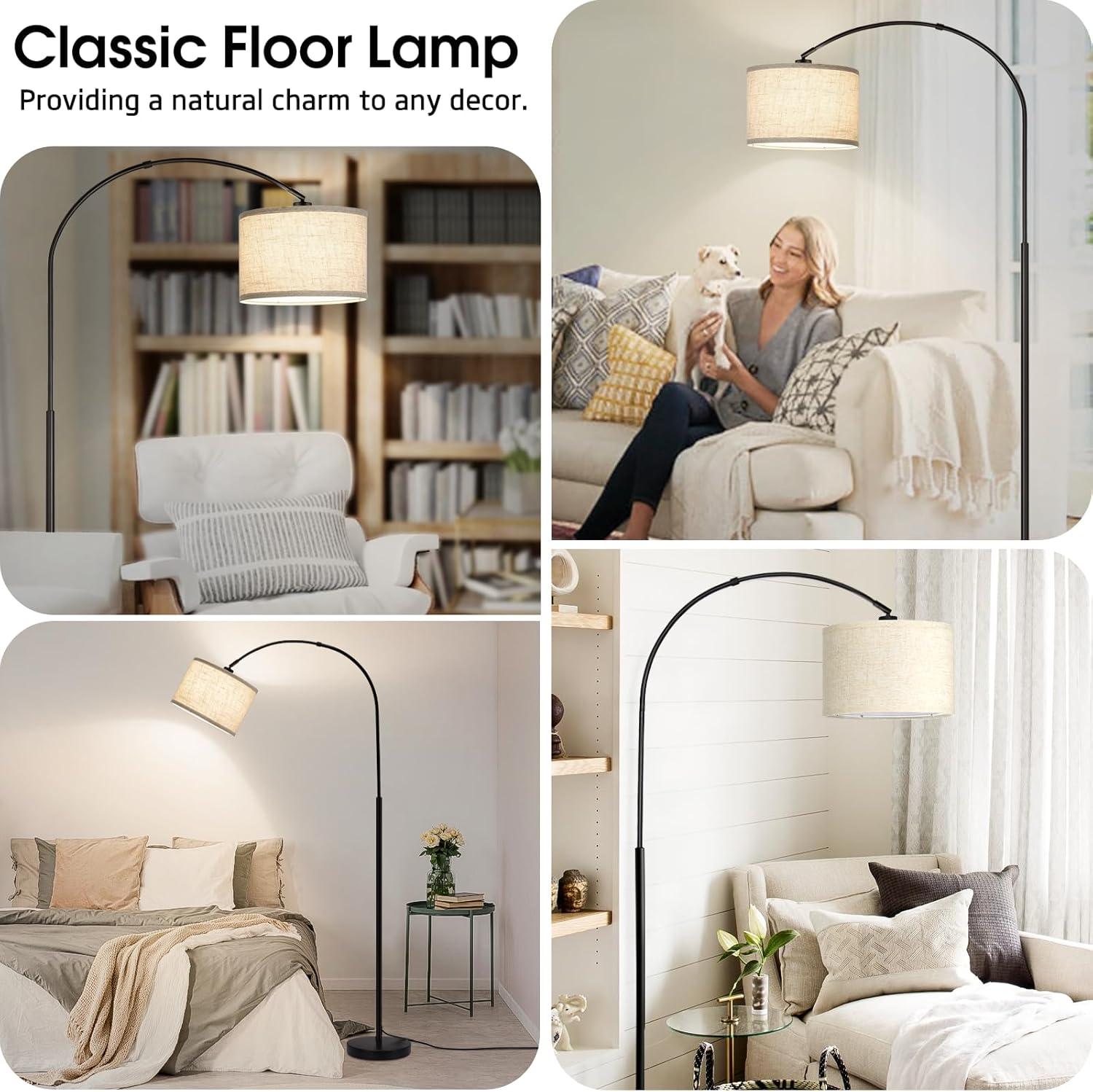 Black Adjustable Arc Floor Lamp with Beige Shade