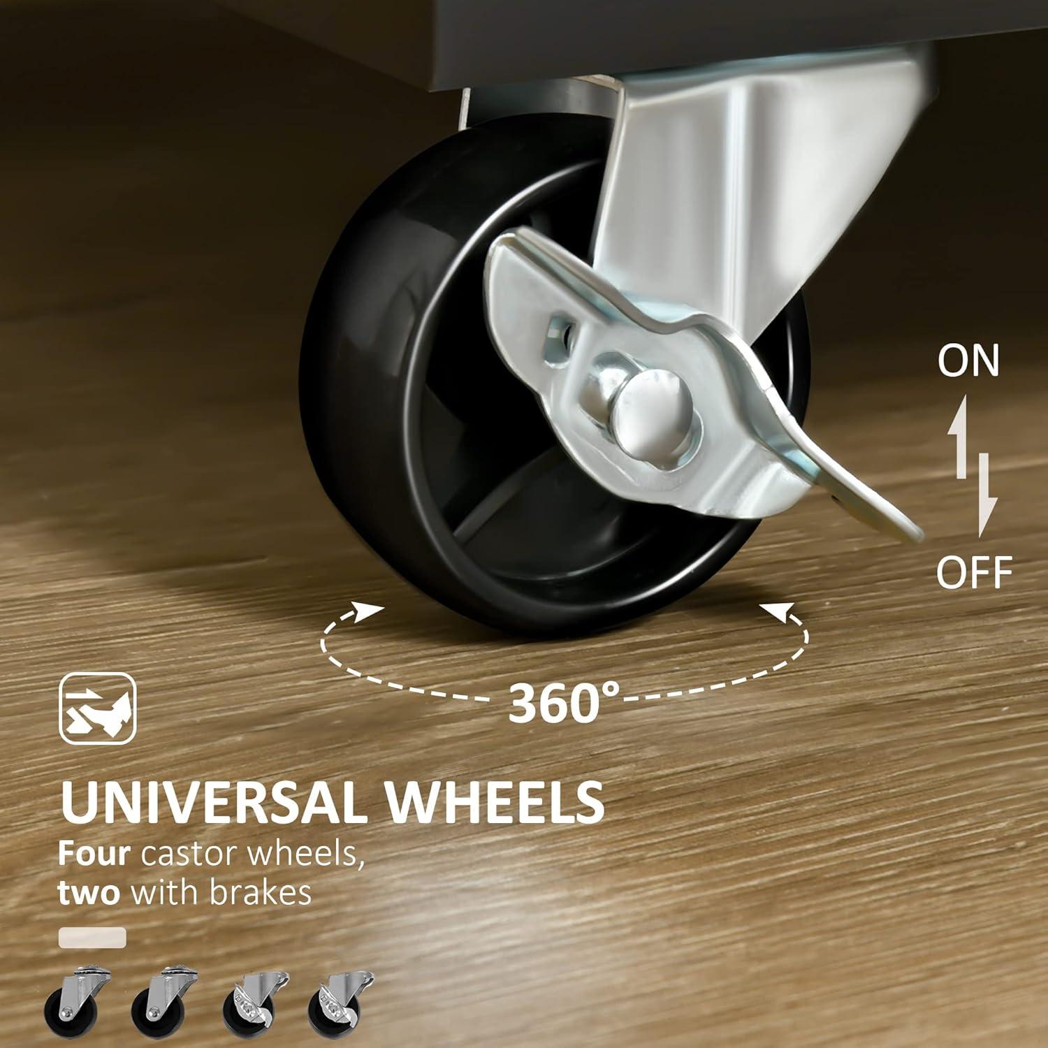 HOMCOM 41" Modern Rolling Kitchen Island on Wheels, Utility Cart Storage Trolley with Rubberwood Top & Drawers, Grey