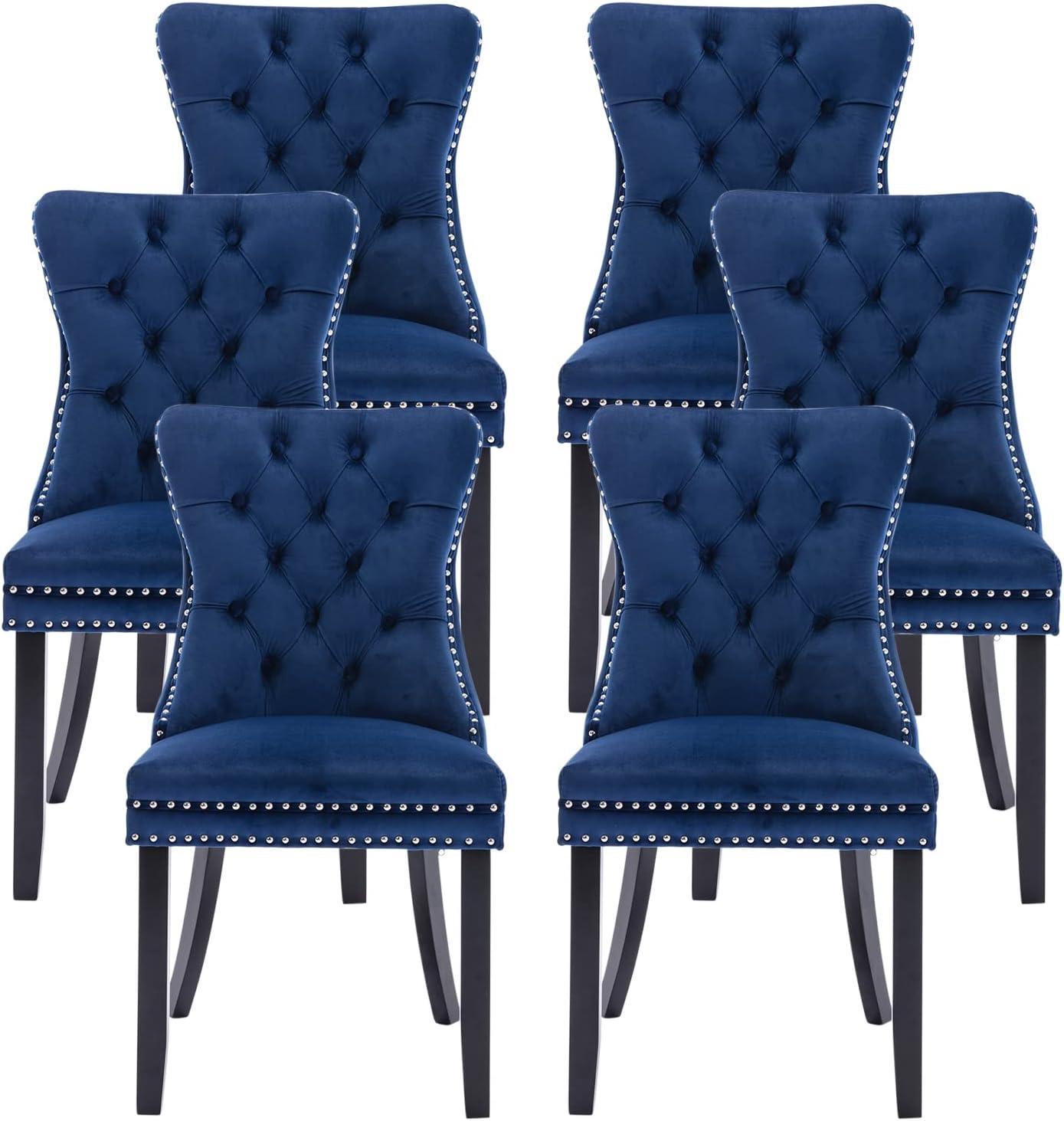 ODUSE-DAILY Velvet Dining Chairs Set of 6, Navy Kitchen & Dining Room Chairs, Tufted Dining Chairs, Fabric Upholstered, Solid Wood, Sillas De Comedor (Blue, 6 Pcs)