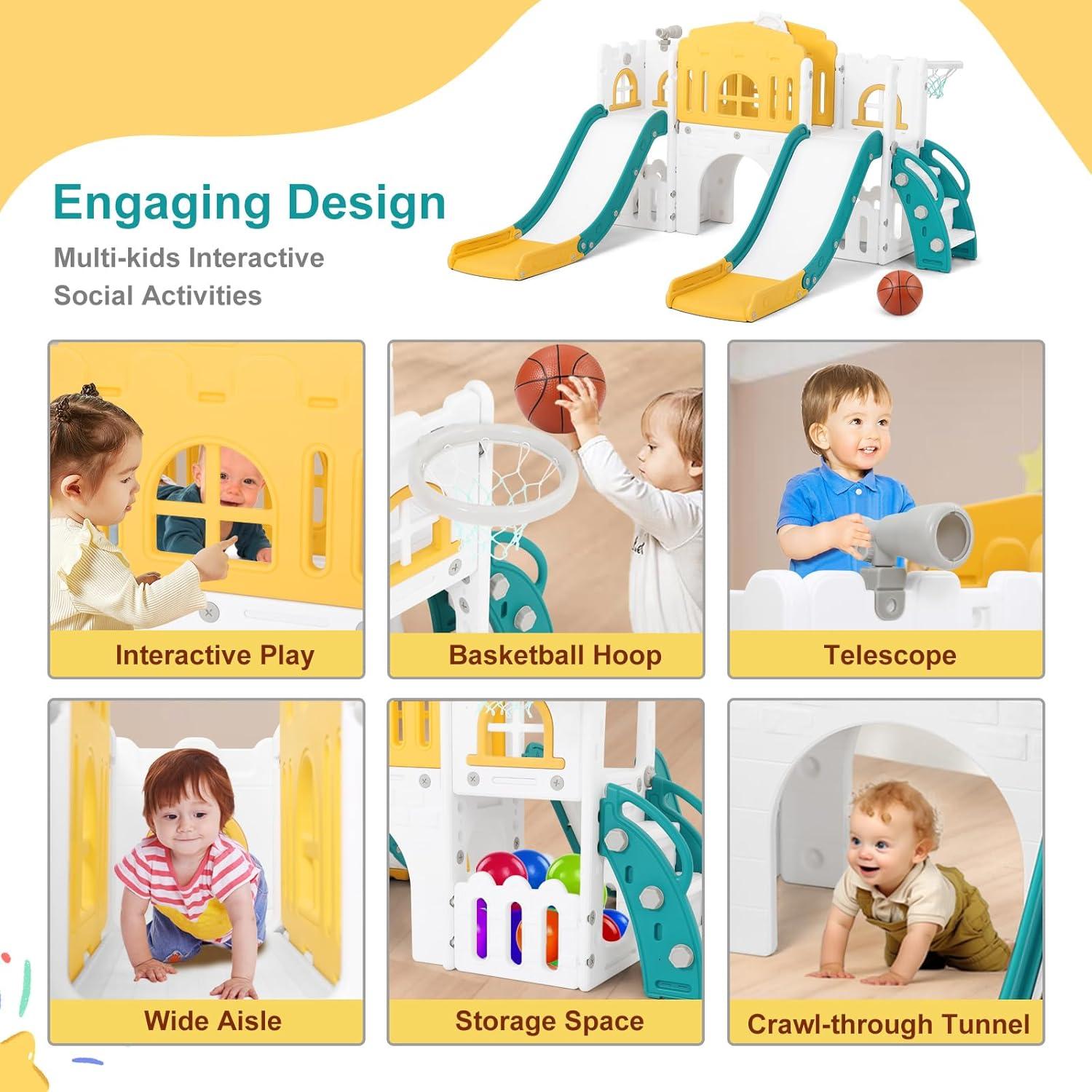 10 in 1 Toddler Slide, Age 1-3 with Swing, Basketball Hoop and Telescope, Kid Slide for Toddlers, Indoor Outdoor Playset Toddler Playground