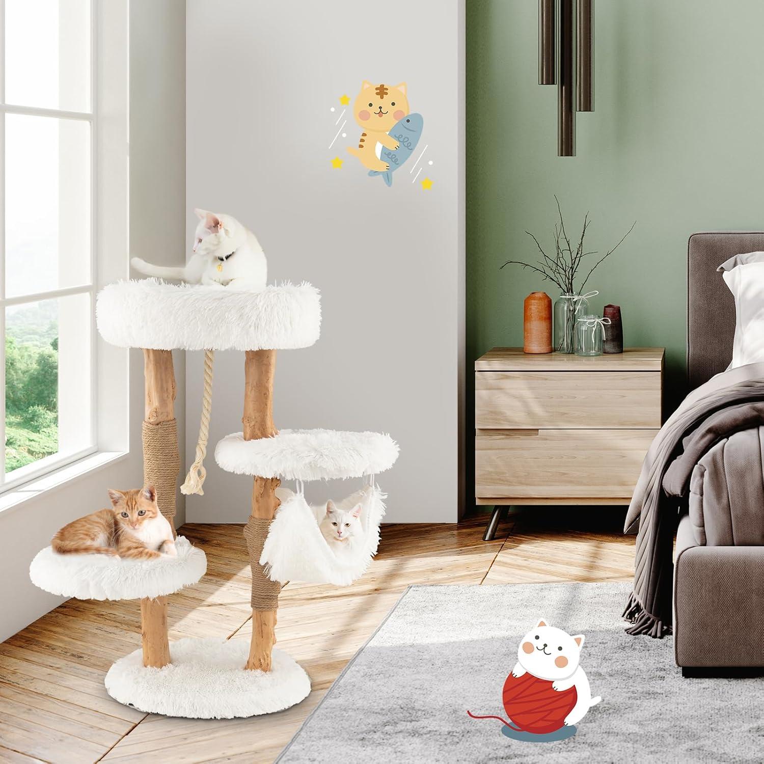 Tangkula 34" Tall Wooden Cat Tree Solid Wood Cat Tower with Jute Scratching Posts