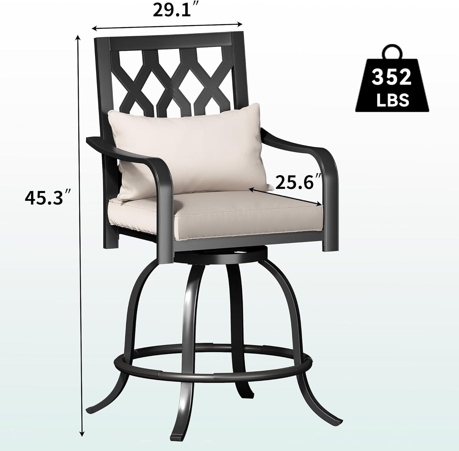 Outdoor 360°swivel Bar Stools Set Of 2 With Seat Cushions High Back & Armrests