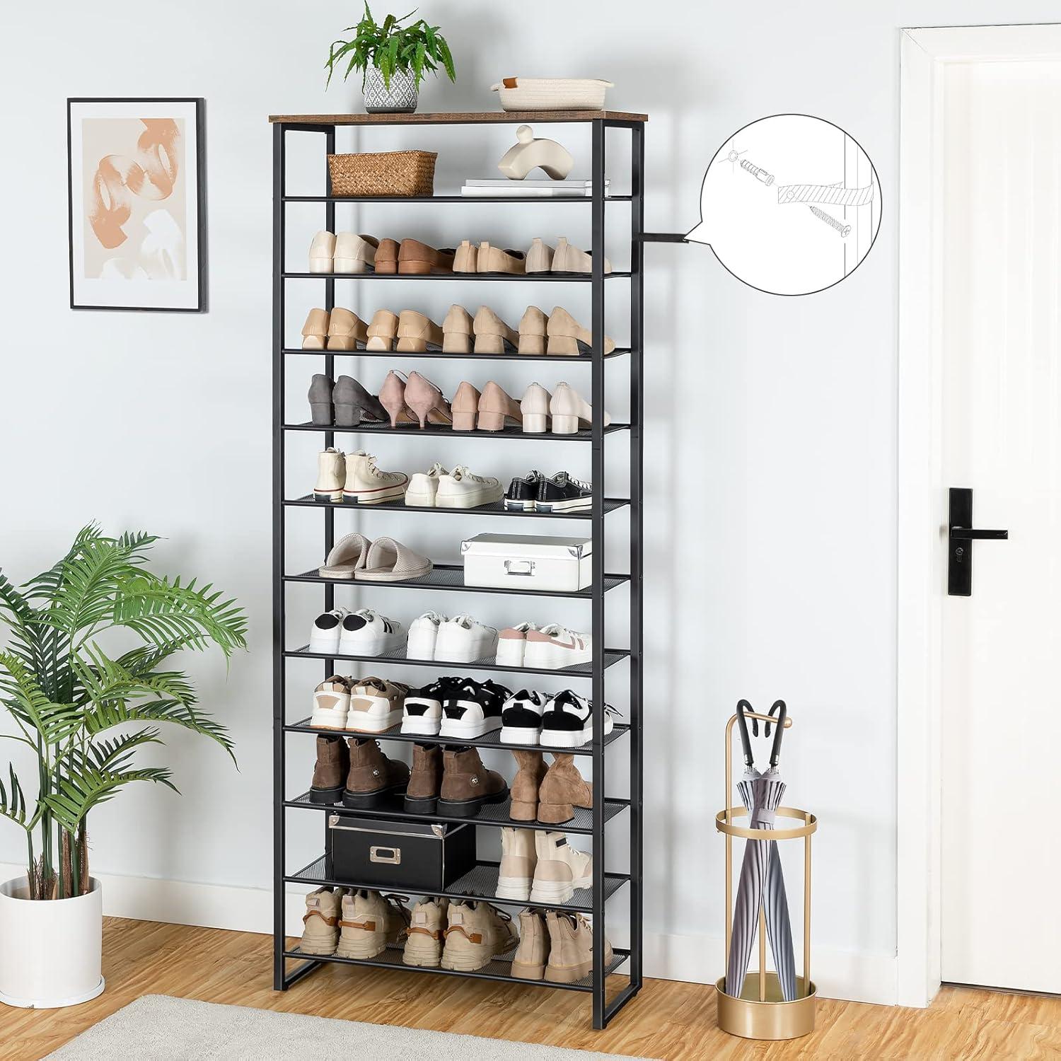 Rustic Brown and Black 12-Tier Metal and Wood Shoe Rack