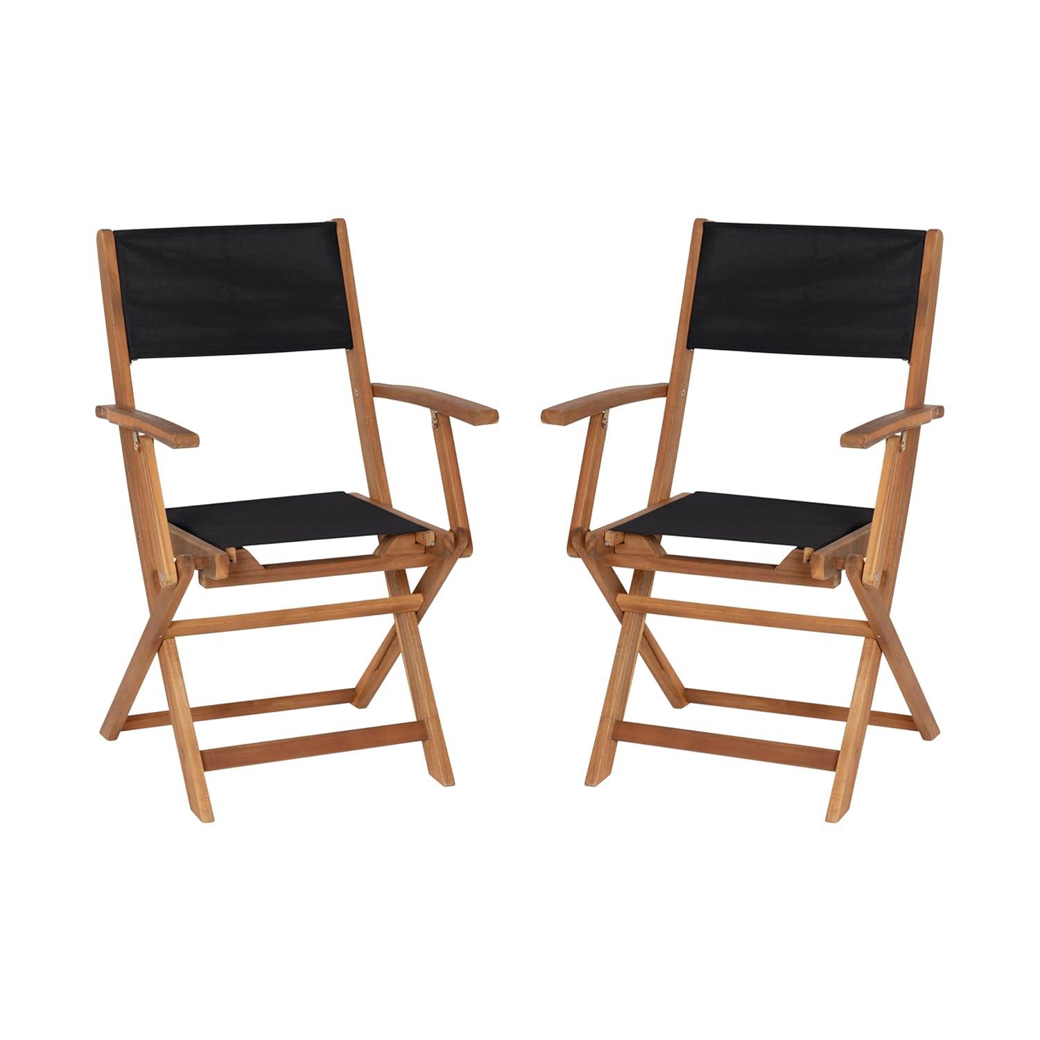 Flash Furniture 2PK All-Weather Acacia Wood and Mesh Folding Bistro Armchairs - Natural/Black