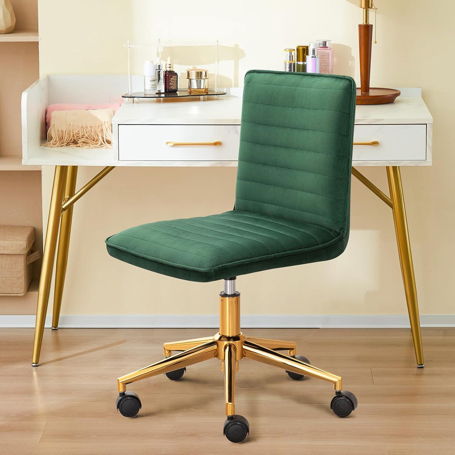 Furniliving Velvet Armless Mid-Back  Task Chair Swivel Office Chair Rolling Computer Chair Adjustable Vanity Chair, Dark Green