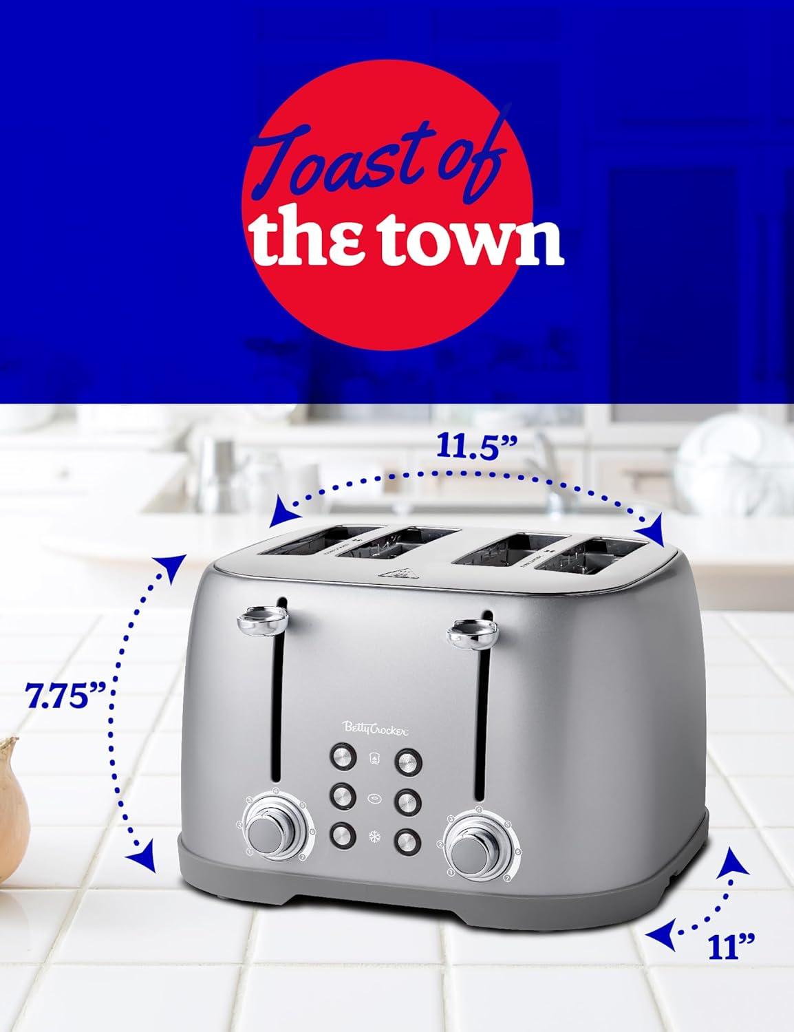 Betty Crocker 4-Slice Toaster, Silver with Extra Wide Slots