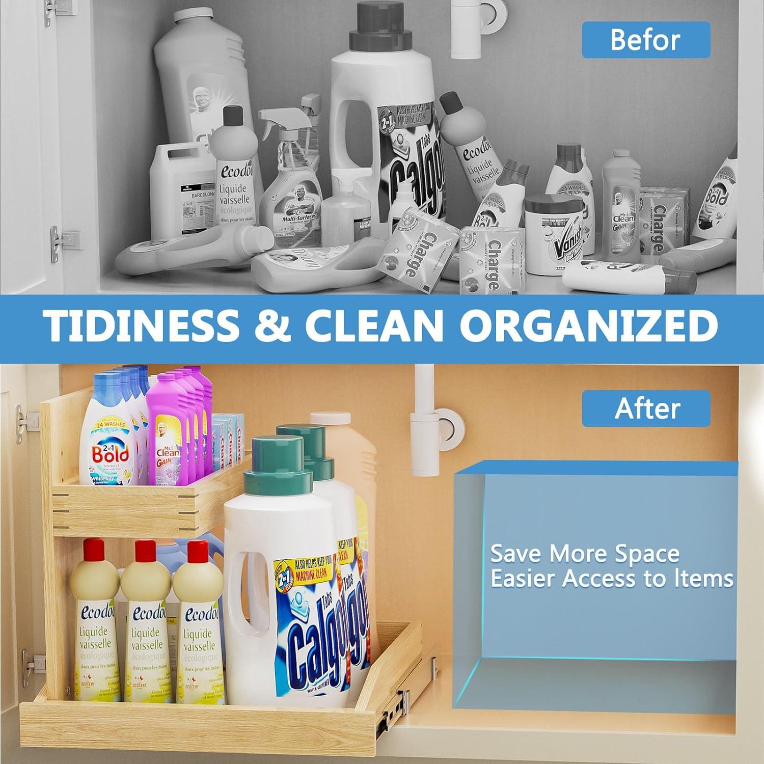 Under Sink Organizers , 2 Tier Pull Out Cabinet Organizer with Soft Close, Adjustable Multi-Purpose Under Sink Organizer(Left)