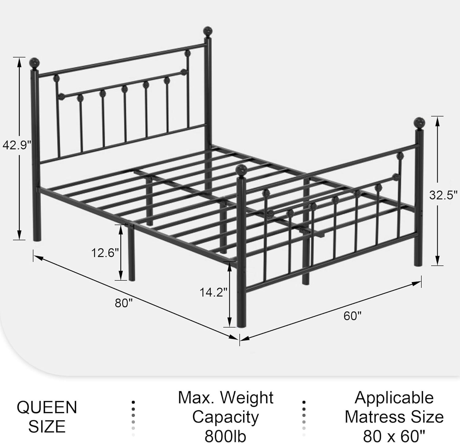 Black Metal Queen Platform Bed Frame with Headboard and Footboard