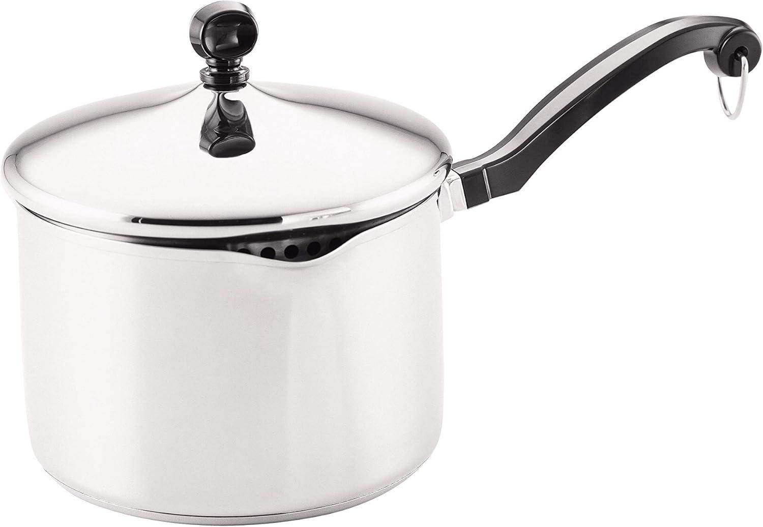 Farberware Classic Series 3qt Stainless Steel Straining Sauce Pan with Lid Silver: Dishwasher-Safe, Induction Compatible