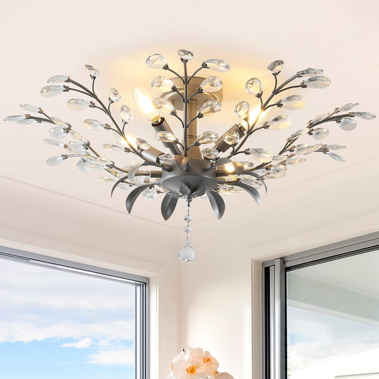 Bohemian Silver Crystal 26" LED Antler Ceiling Light