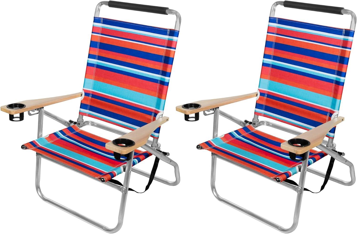 Garden Elements Colorful Foldable Reclining Aluminum Beach Chairs with Cupholders and Carrying Strap, Multicolor, Pack of 2