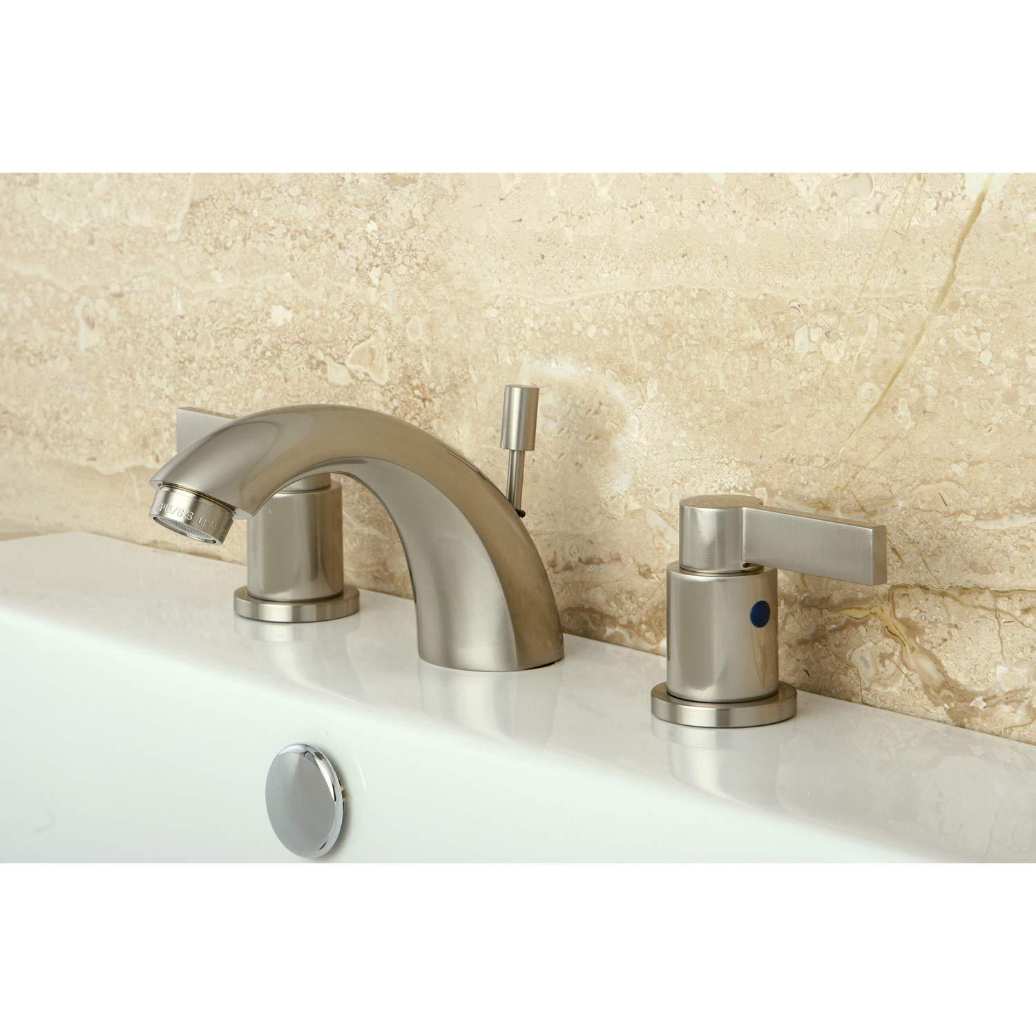 Kingston Brass NuvoFusion Two-Handle 3-Hole Deck Mount Mini-Widespread Bathroom Faucet with Plastic Pop-Up