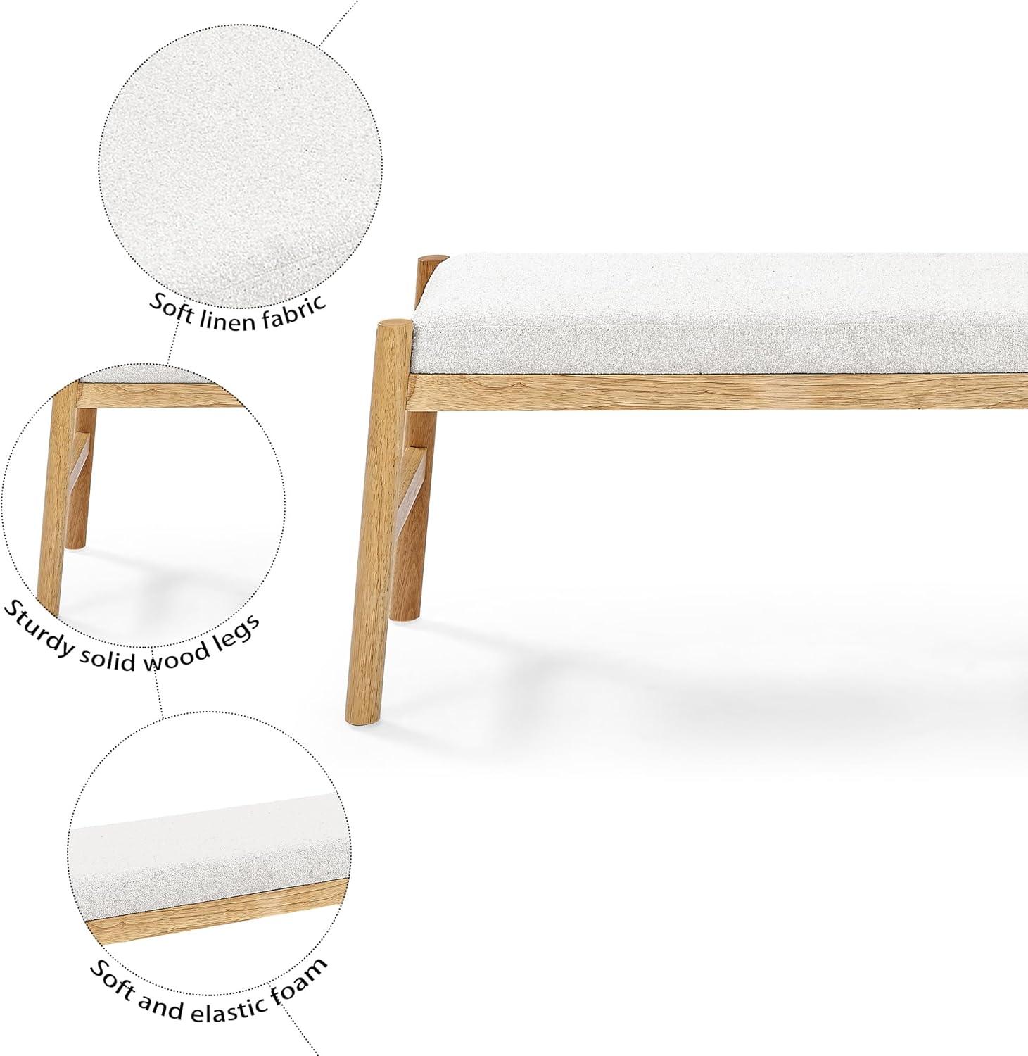 Beige Linen Upholstered Bench with Rubber Wood Frame