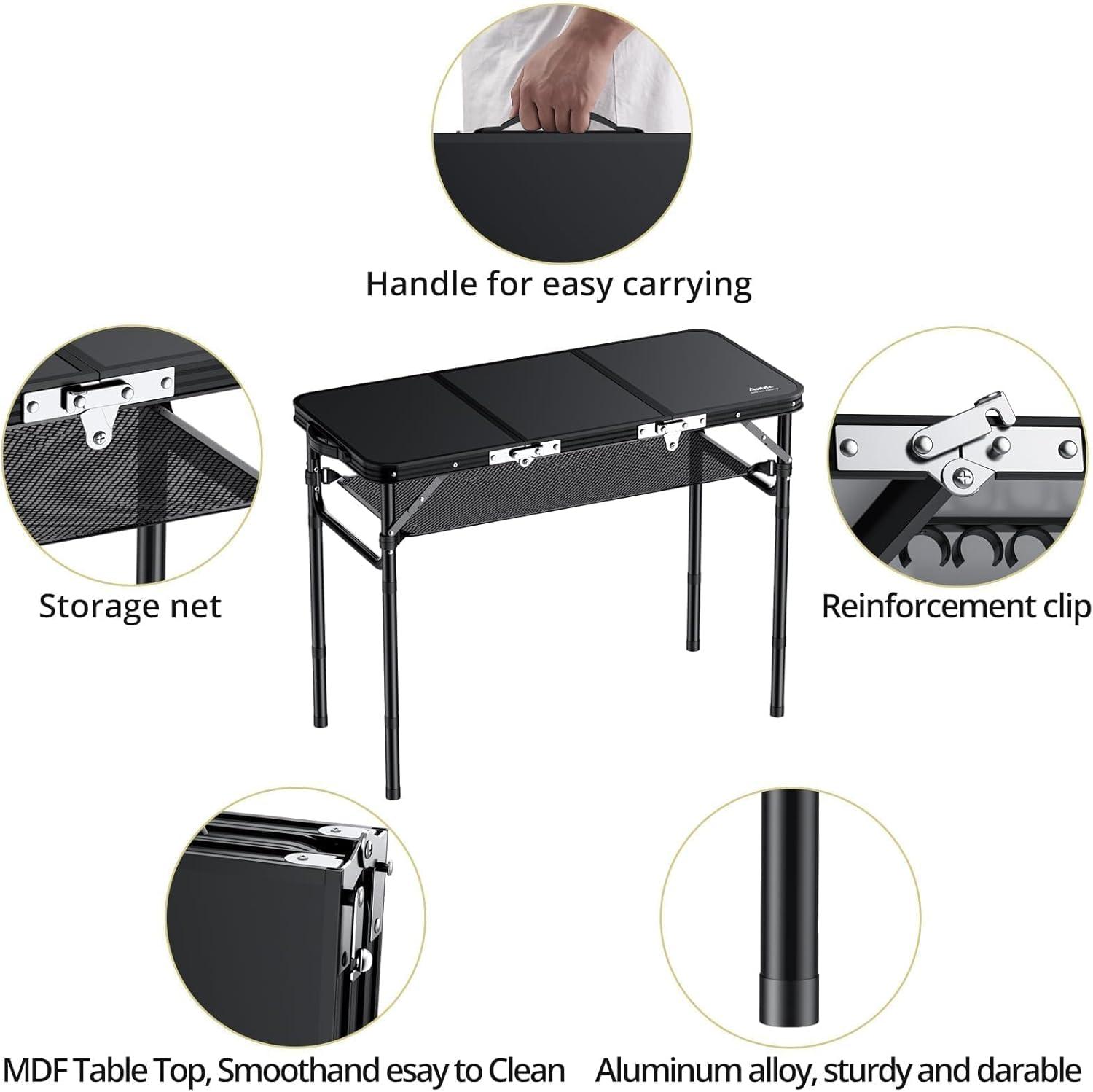 Black Aluminum Folding Camping Table with Adjustable Heights and Storage Net