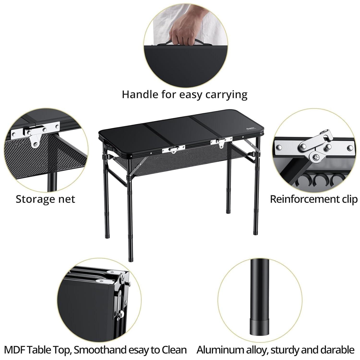 Black Aluminum Folding Camping Table with Adjustable Heights and Storage Net