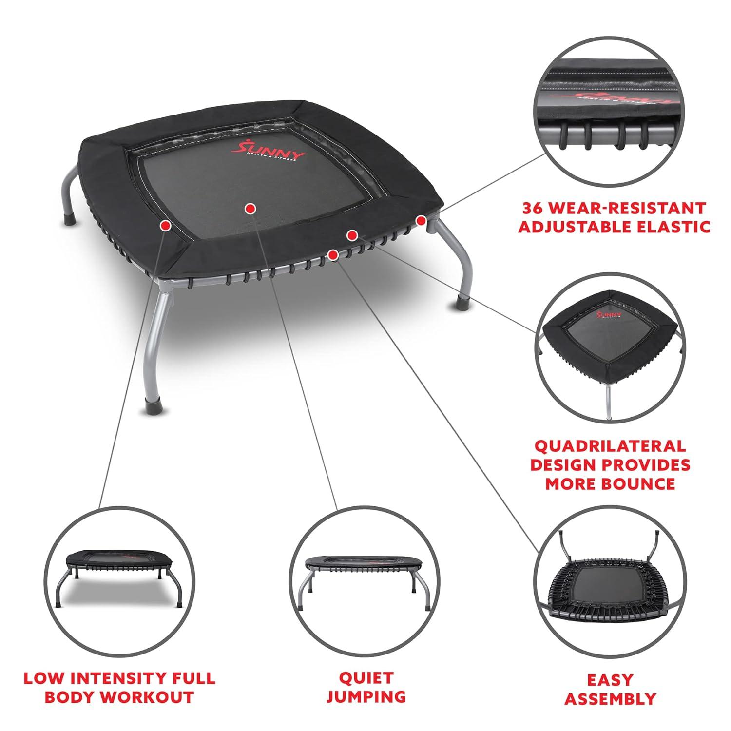 Sunny Health & Fitness Springless Mini Fitness Trampoline – Premium Adjustable Bungee-Style Indoor/Outdoor Exercise Rebounder for Quieter and Safer Workouts (36”) - SF-S021047