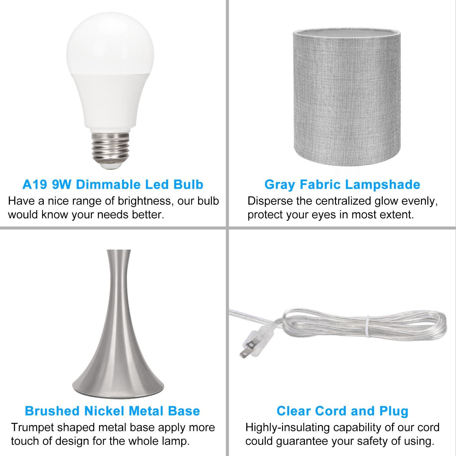 3 Way Touch Control Table Lamp, Dimmable Bedside Desk Lamp with Metal Base Modern Nightstand Lamp Stylish Grey Shade Simple Side Table Lamp for Bedroom, Living Room, Office or Den LED Bulb Included