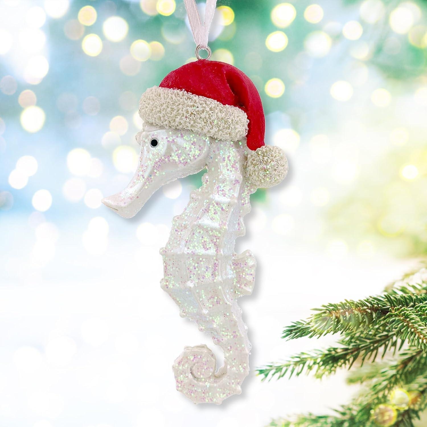 Coastal Christmas Ornaments - Seahorse, Starfish, Clam Shell Holiday Beach Tree Decorations, Set of 3