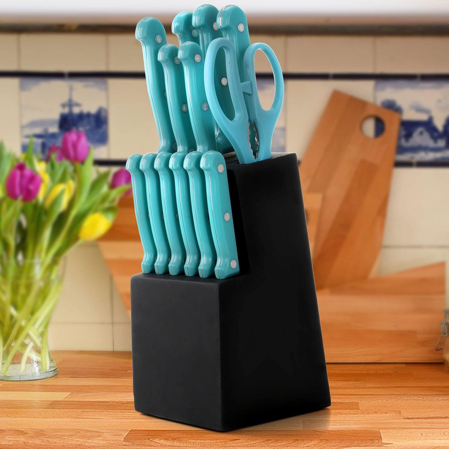 Teal 14-Piece Cutlery Set with Black Storage Block