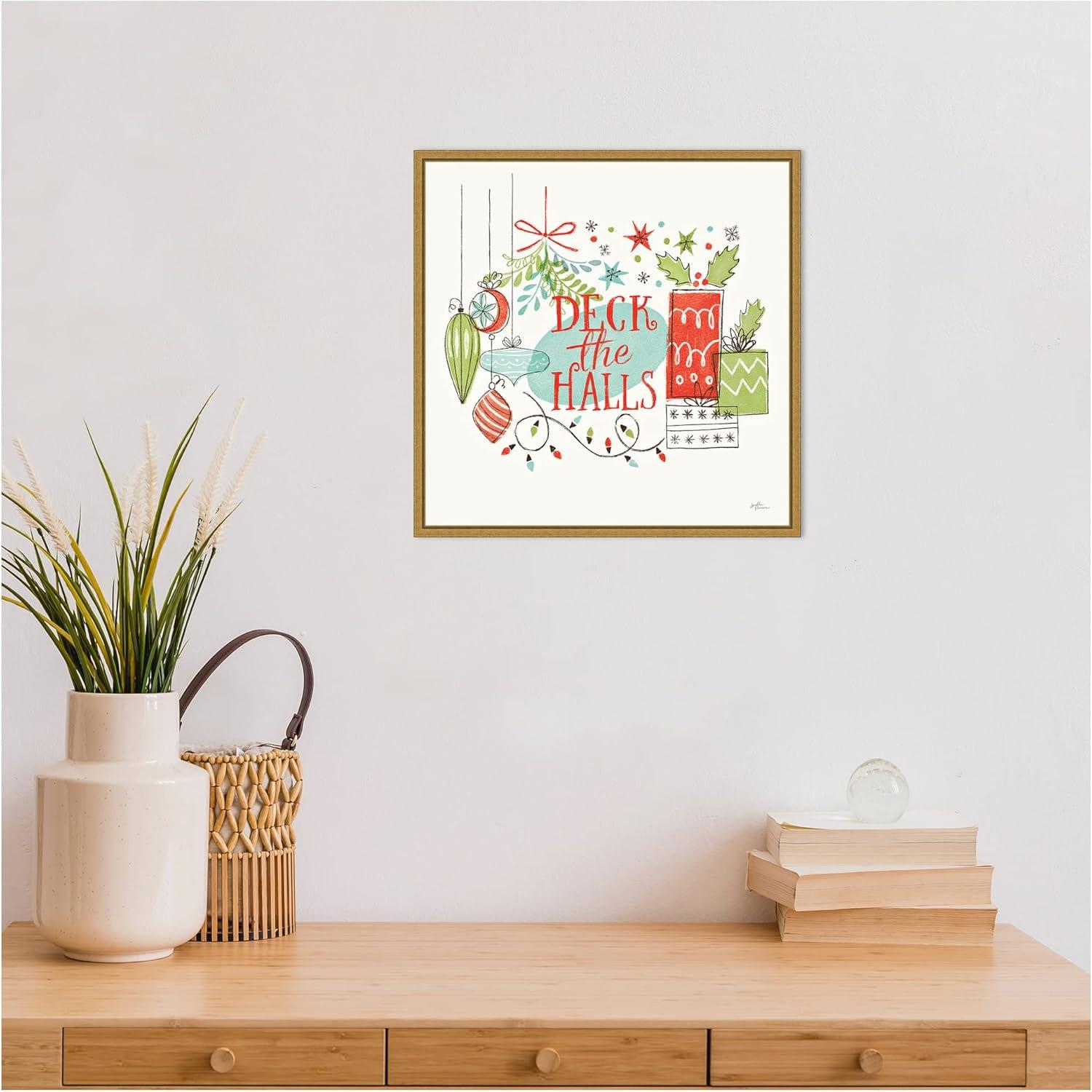 16" x 16" Deck the Halls Christmas Holly by Janelle Penner Framed Canvas Wall Art - Amanti Art