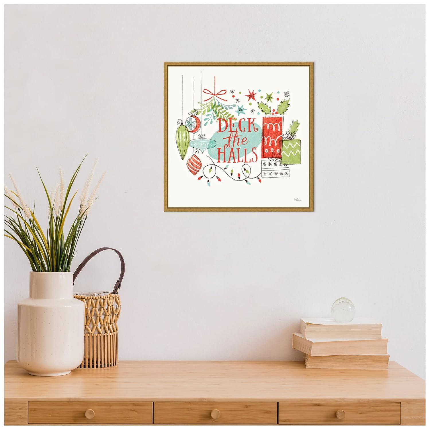16" x 16" Deck the Halls Christmas Holly by Janelle Penner Framed Canvas Wall Art - Amanti Art