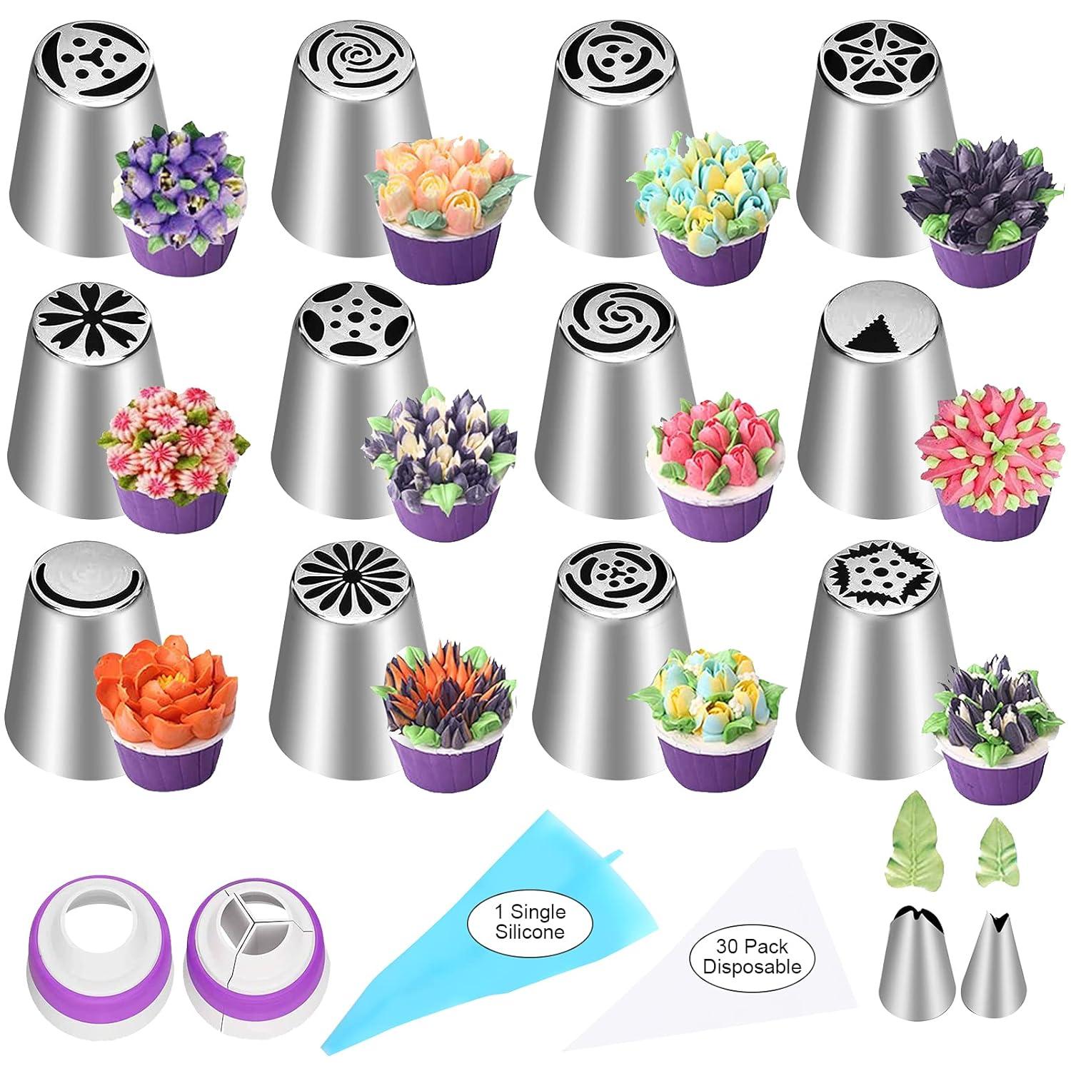 47 Pcs Russian Piping Tips Set, 12 Flower Frosting Nozzles Icing Tips for Cake Decorating Tips Kit, Baking Supplies for Cookie Cupcake, 2 Leaf Piping Tips 2 Couplers 30 Pastry Baking Bags YLYL