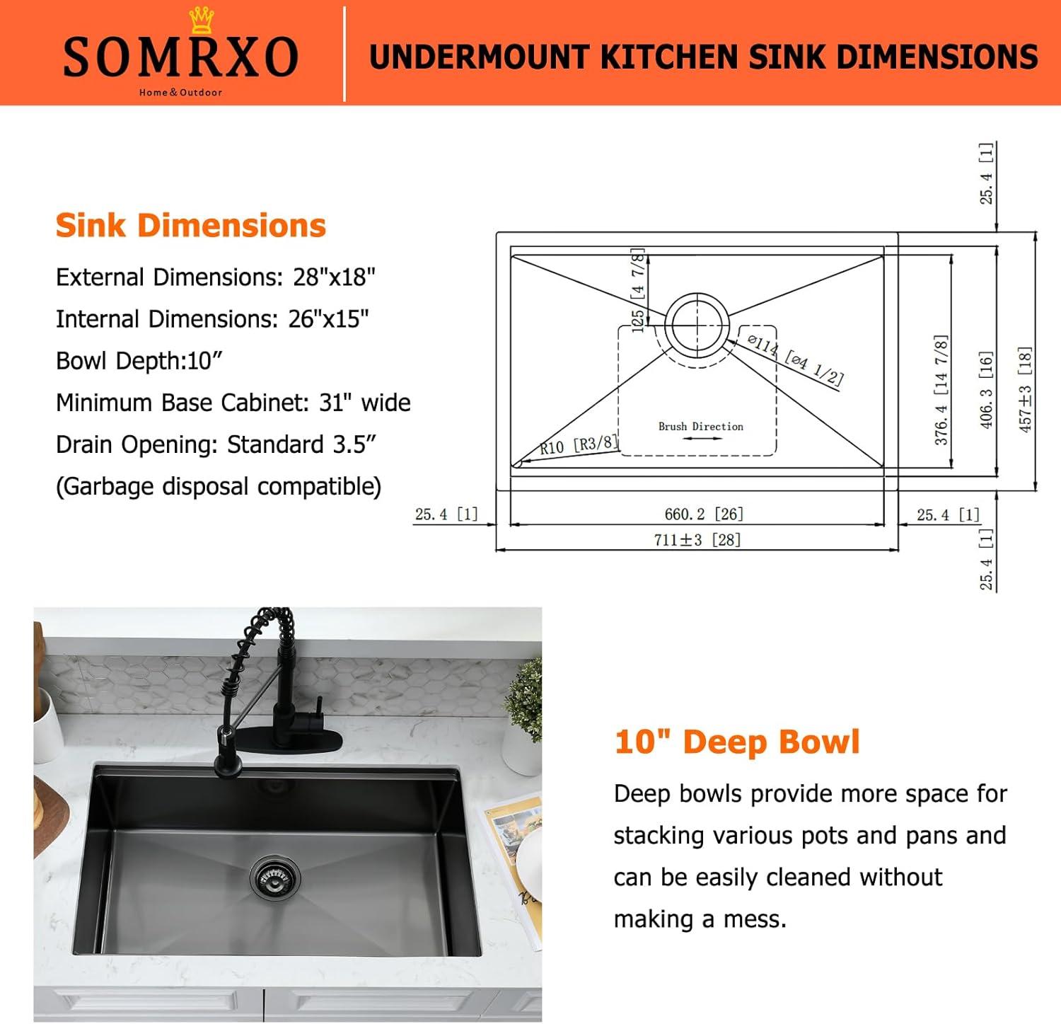 28 Inch Undermount Kitchen Sink Black - 16 Gauge Black Satainless Steel Kitchen Sink Undermount 28x18,10 Inch Deep Single Bowl Workstation Sinks with Accessories