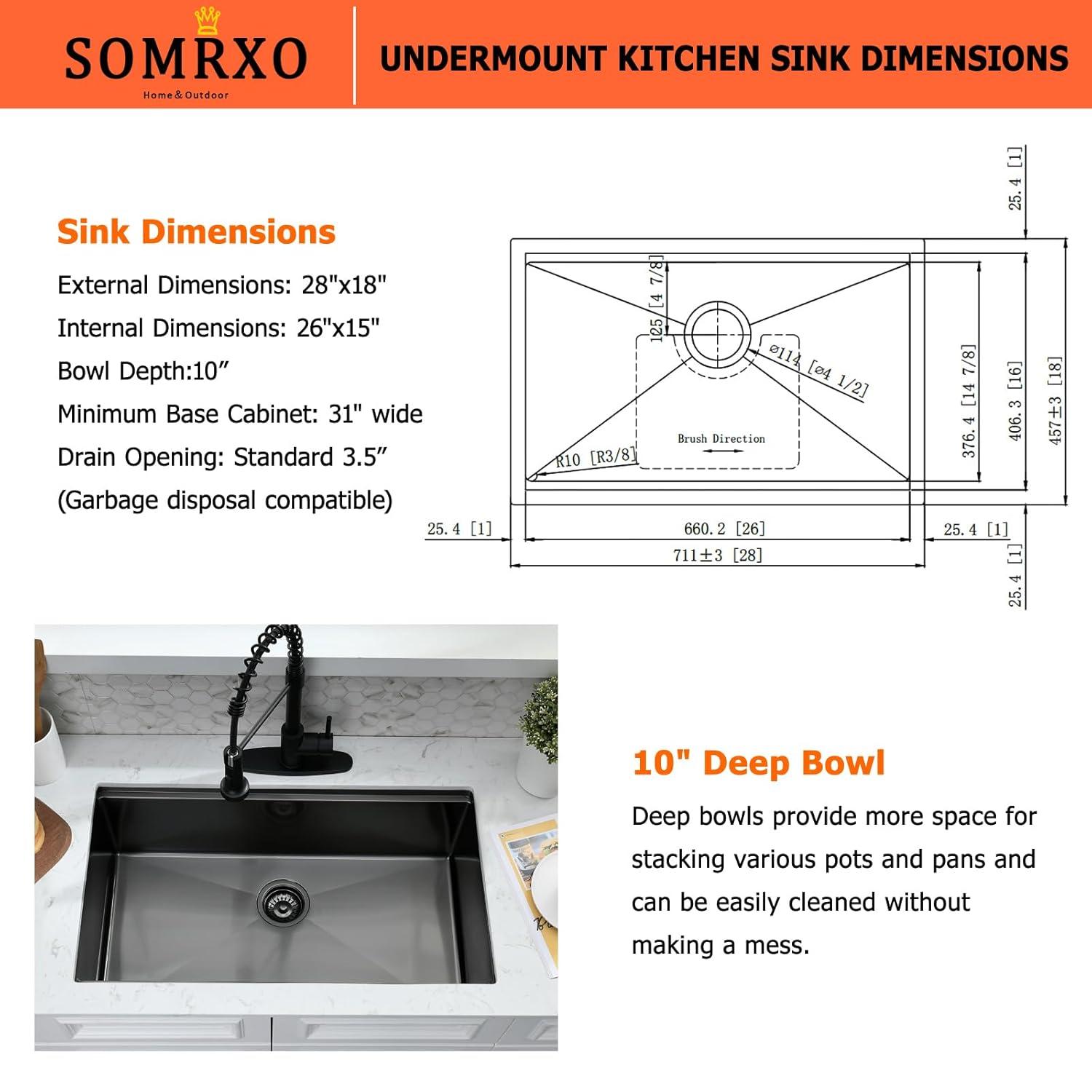 28 Inch Undermount Kitchen Sink Black - 16 Gauge Black Satainless Steel Kitchen Sink Undermount 28x18,10 Inch Deep Single Bowl Workstation Sinks with Accessories