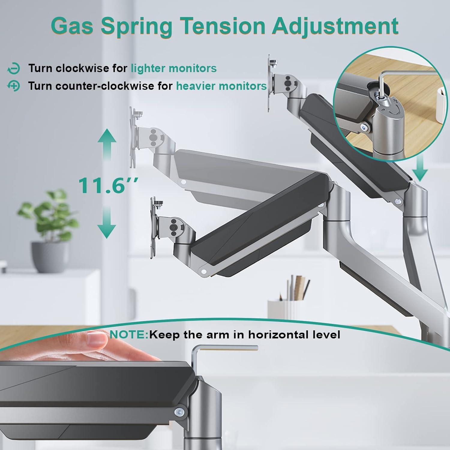 Silver Dual Monitor Adjustable Gas Spring Desk Mount with USB Ports