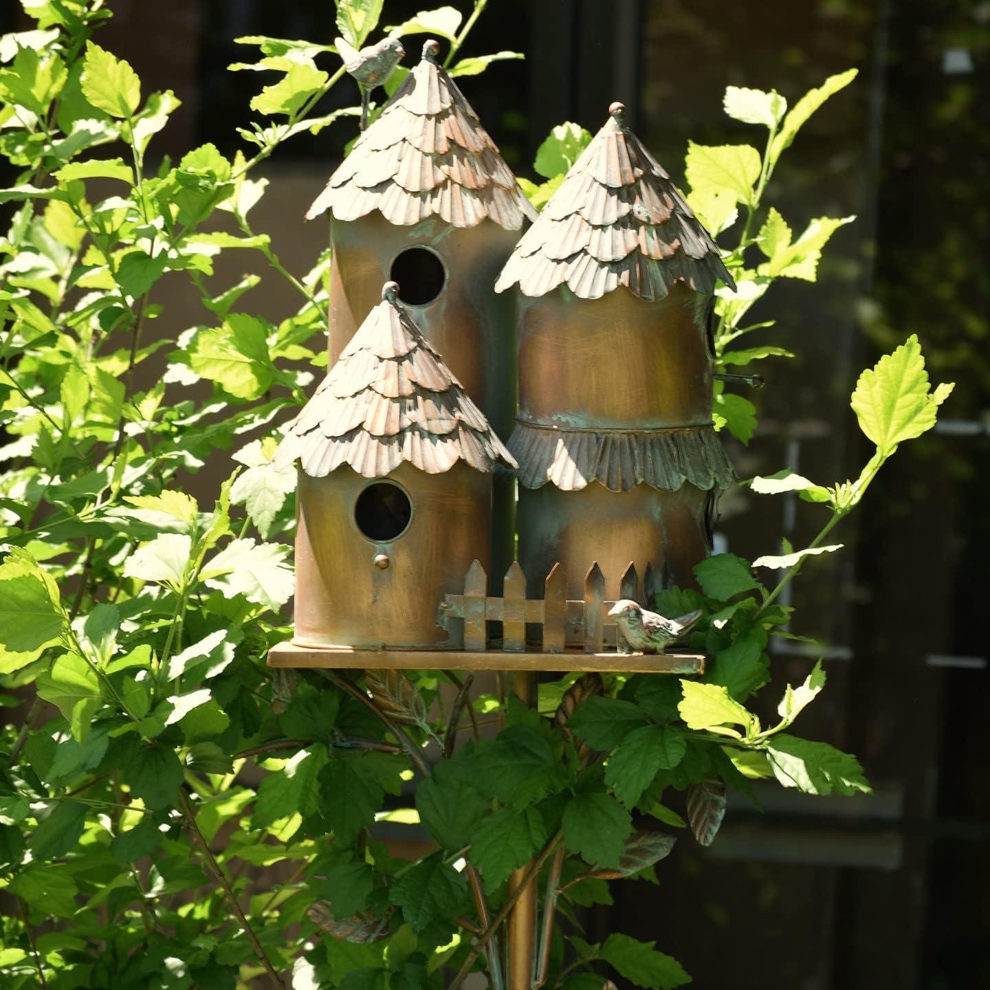 Large Copper Colored Multi-Birdhouse Stakes, Room for 4 Bird Families in Each (Castle Home)