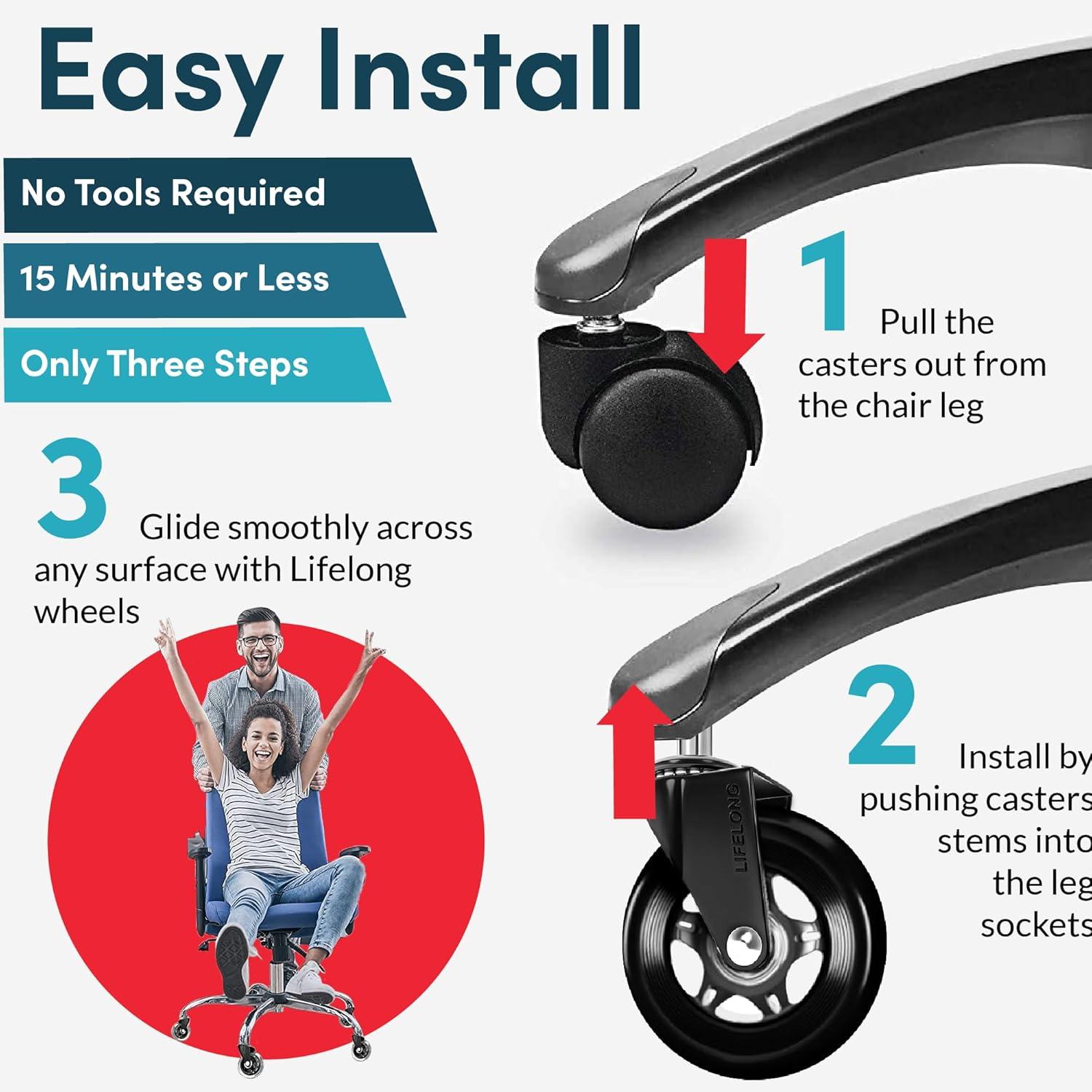 Lifelong Office Chair Caster Wheels for Hardwood Floors and Carpet, Heavy Duty, Universal Fit