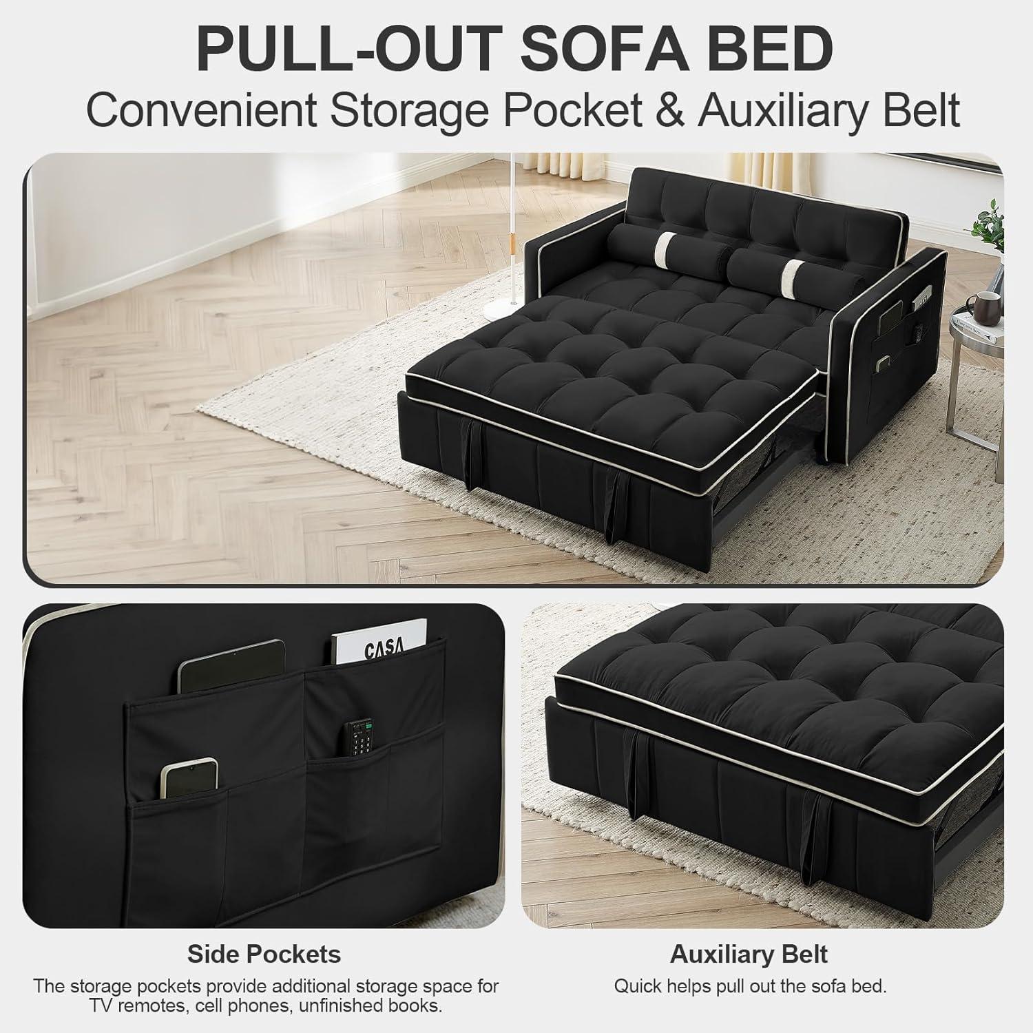 3 in 1 Convertible Sleeper Sofa Bed,55" Modern Velvet Sofa Couch Bed with 2 Lumbar Pillows and Adjsutable Backrest,2 Seater Loveseats Sofa for Apartment Office Living Room,Black